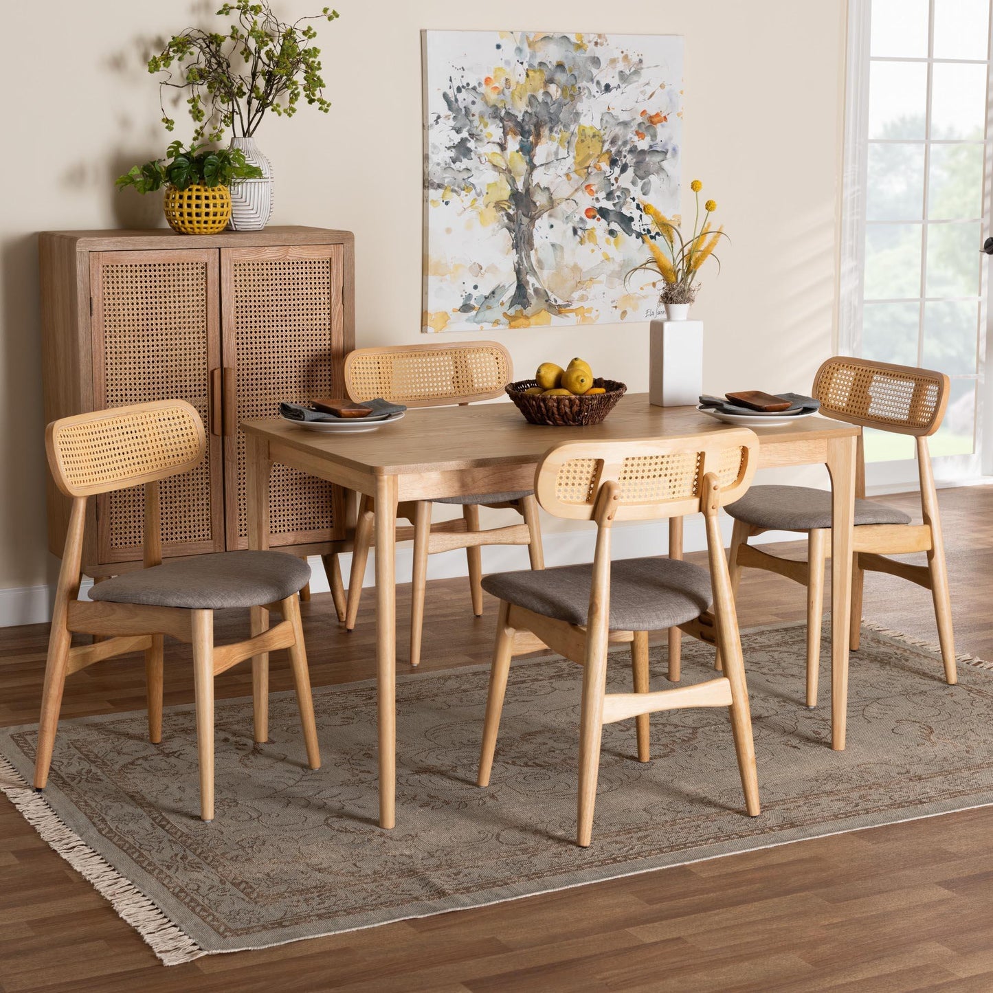 Tarana Mid-Century Modern Grey Fabric and Natural Oak Finished Wood 5-Piece Dining Set FredCo