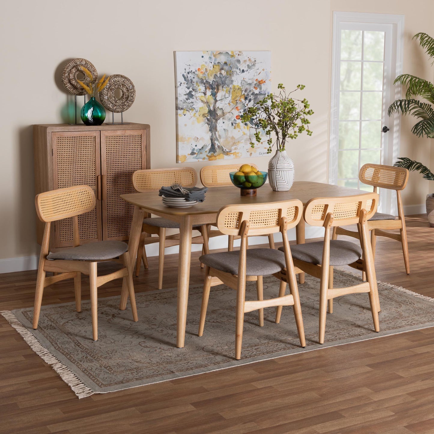 Tarana Mid-Century Modern Grey Fabric and Natural Oak Finished Wood 7-Piece Dining Set FredCo