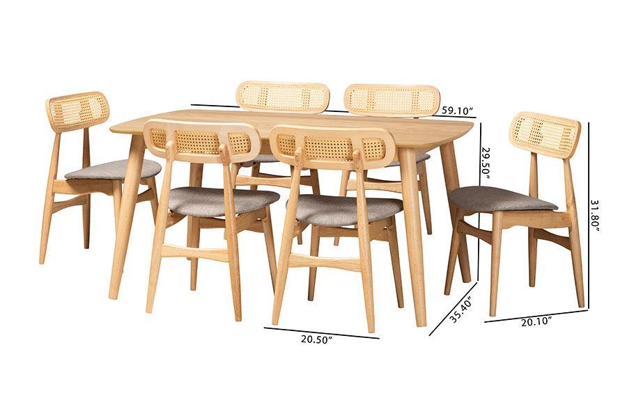 Tarana Mid-Century Modern Grey Fabric and Natural Oak Finished Wood 7-Piece Dining Set FredCo