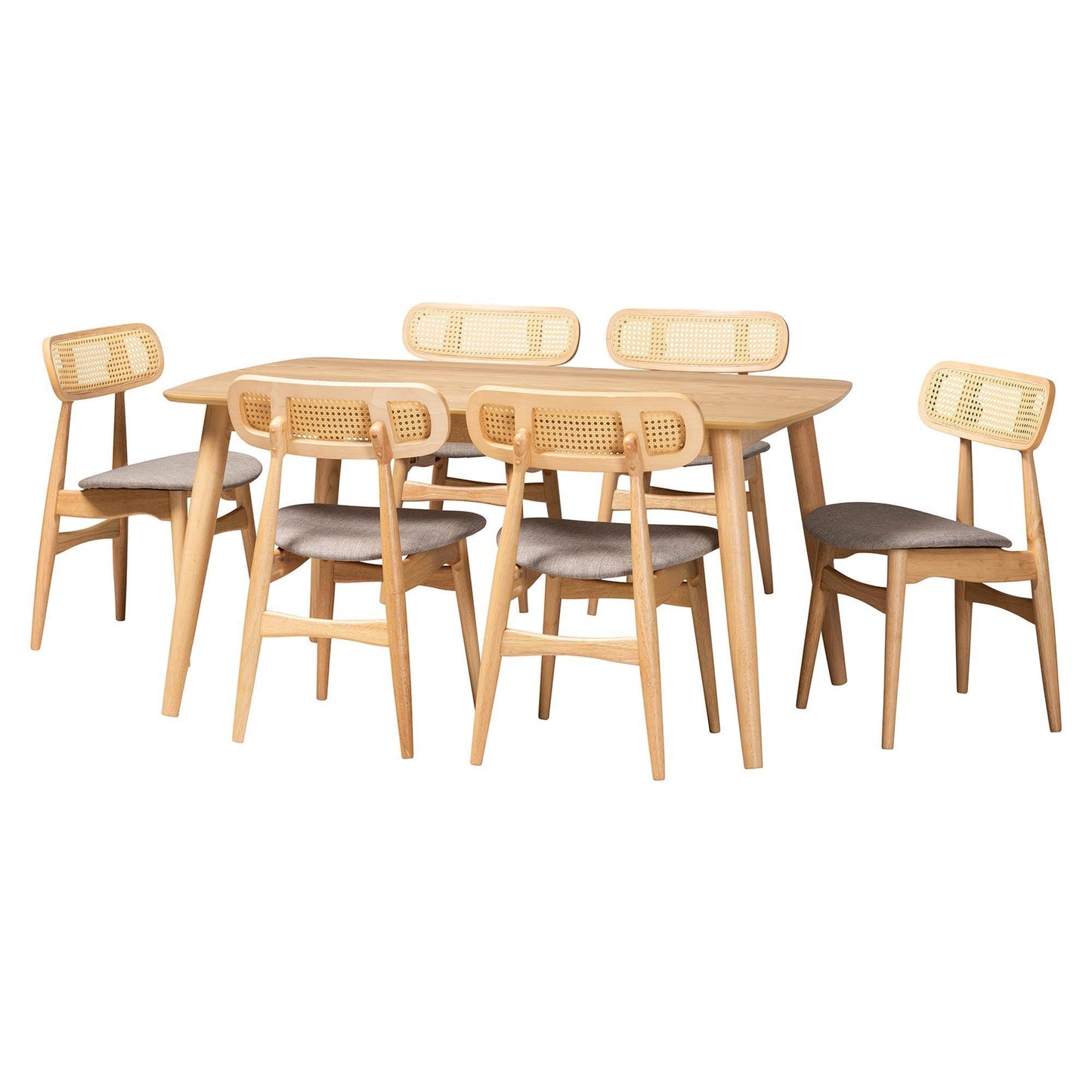 Tarana Mid-Century Modern Grey Fabric and Natural Oak Finished Wood 7-Piece Dining Set FredCo