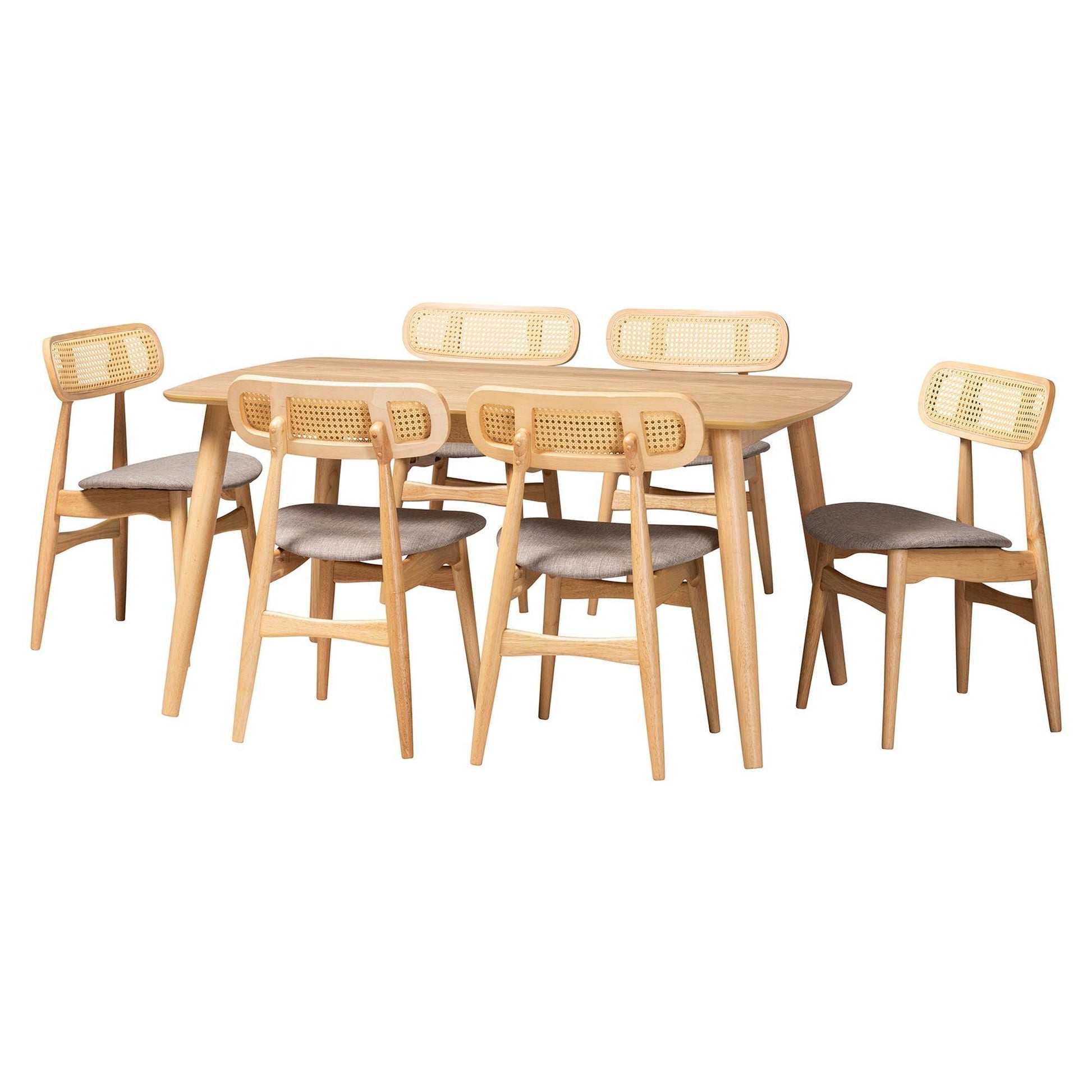 Tarana Mid-Century Modern Grey Fabric and Natural Oak Finished Wood 7-Piece Dining Set FredCo