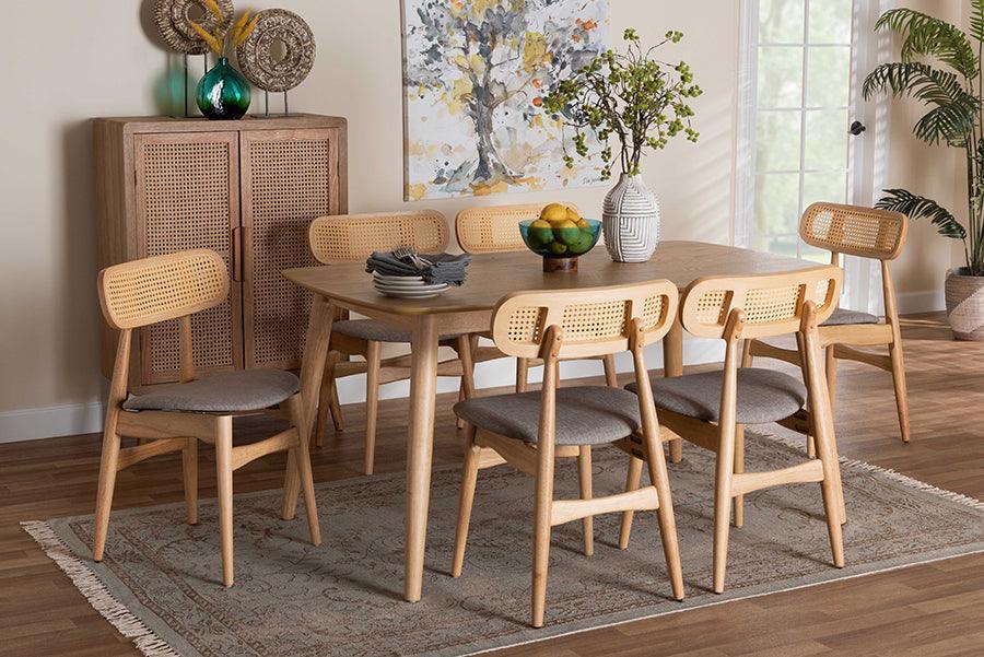 Tarana Mid-Century Modern Grey Fabric and Natural Oak Finished Wood 7-Piece Dining Set FredCo
