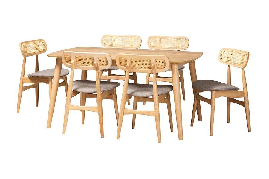 Tarana Mid-Century Modern Grey Fabric and Natural Oak Finished Wood 7-Piece Dining Set FredCo