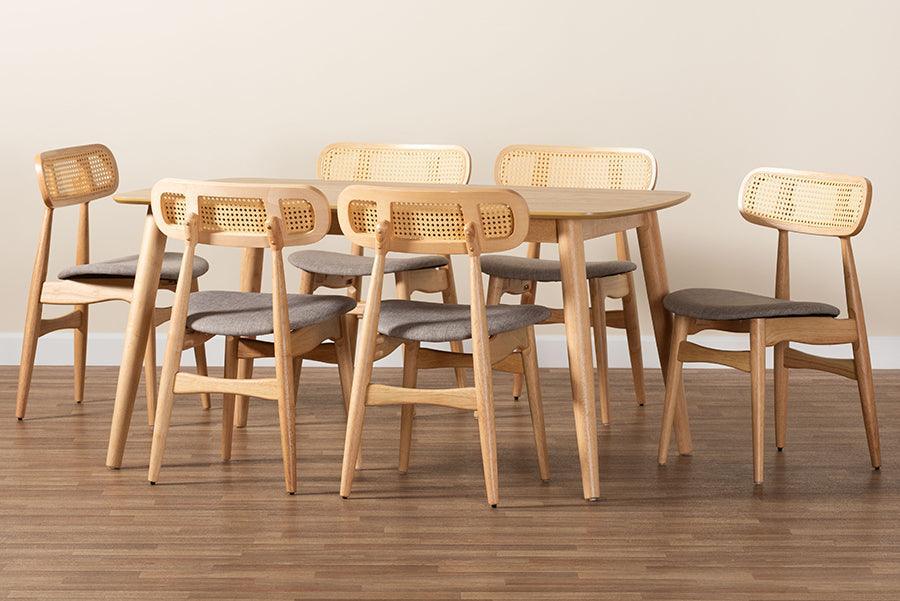 Tarana Mid-Century Modern Grey Fabric and Natural Oak Finished Wood 7-Piece Dining Set FredCo