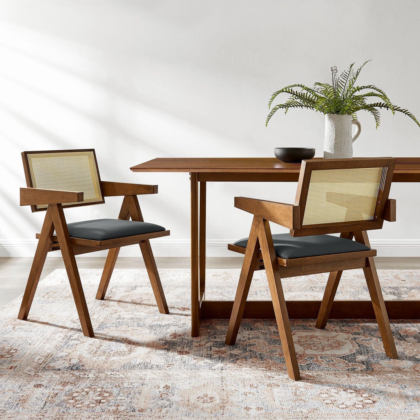 Thera Vegan Leather Cane Dining Armchairs Set of 2 by Modway FredCo