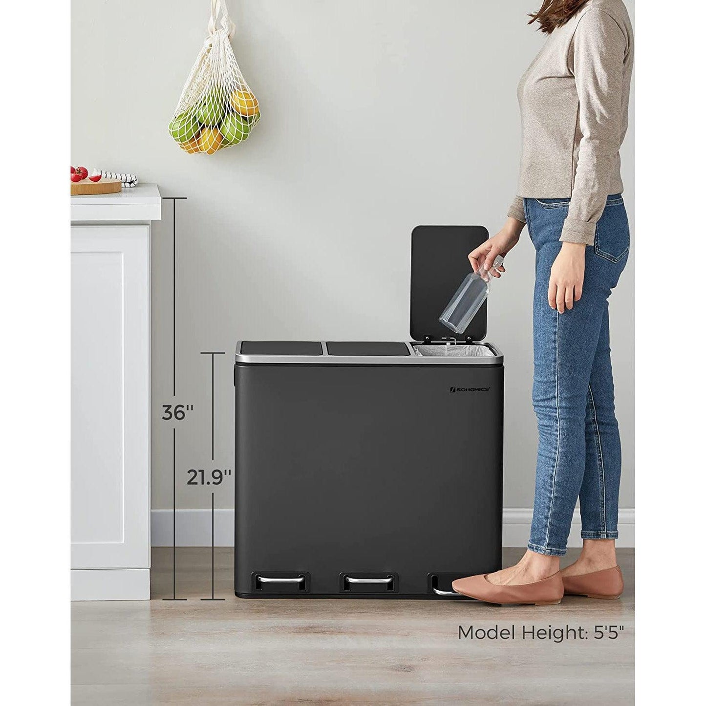 Trash Can with 3 Compartments Black FredCo