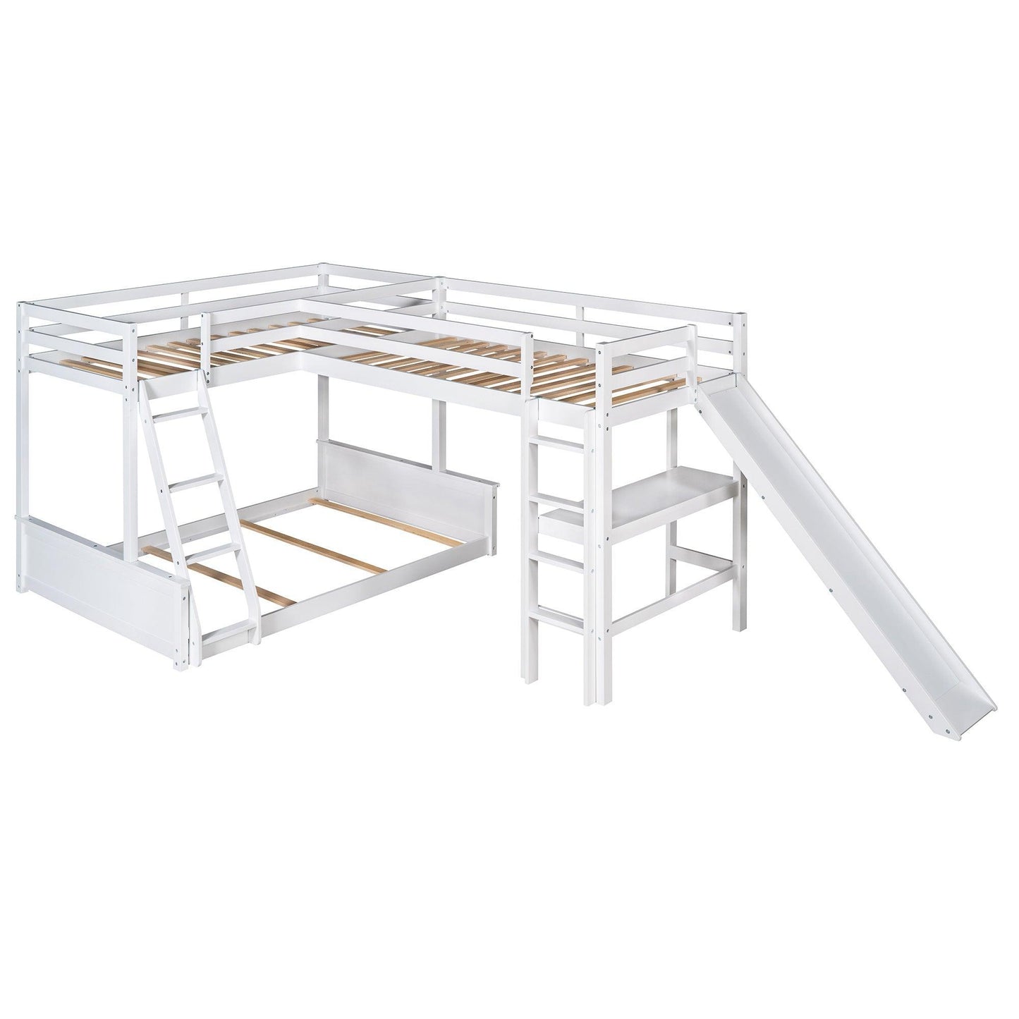 Twin over Full Bunk Bed with Twin Size Loft Bed with Desk and Slide White FredCo