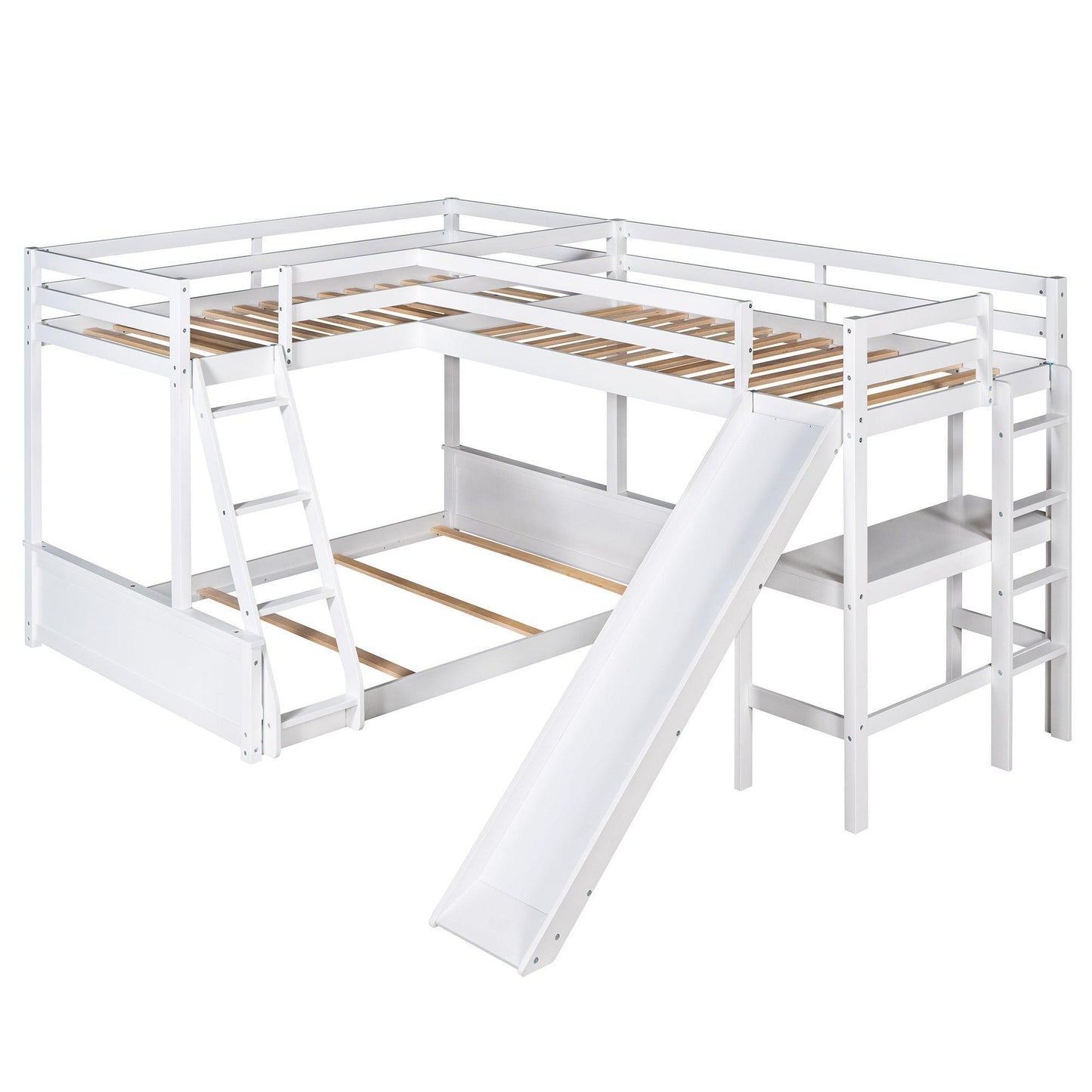 Twin over Full Bunk Bed with Twin Size Loft Bed with Desk and Slide White FredCo