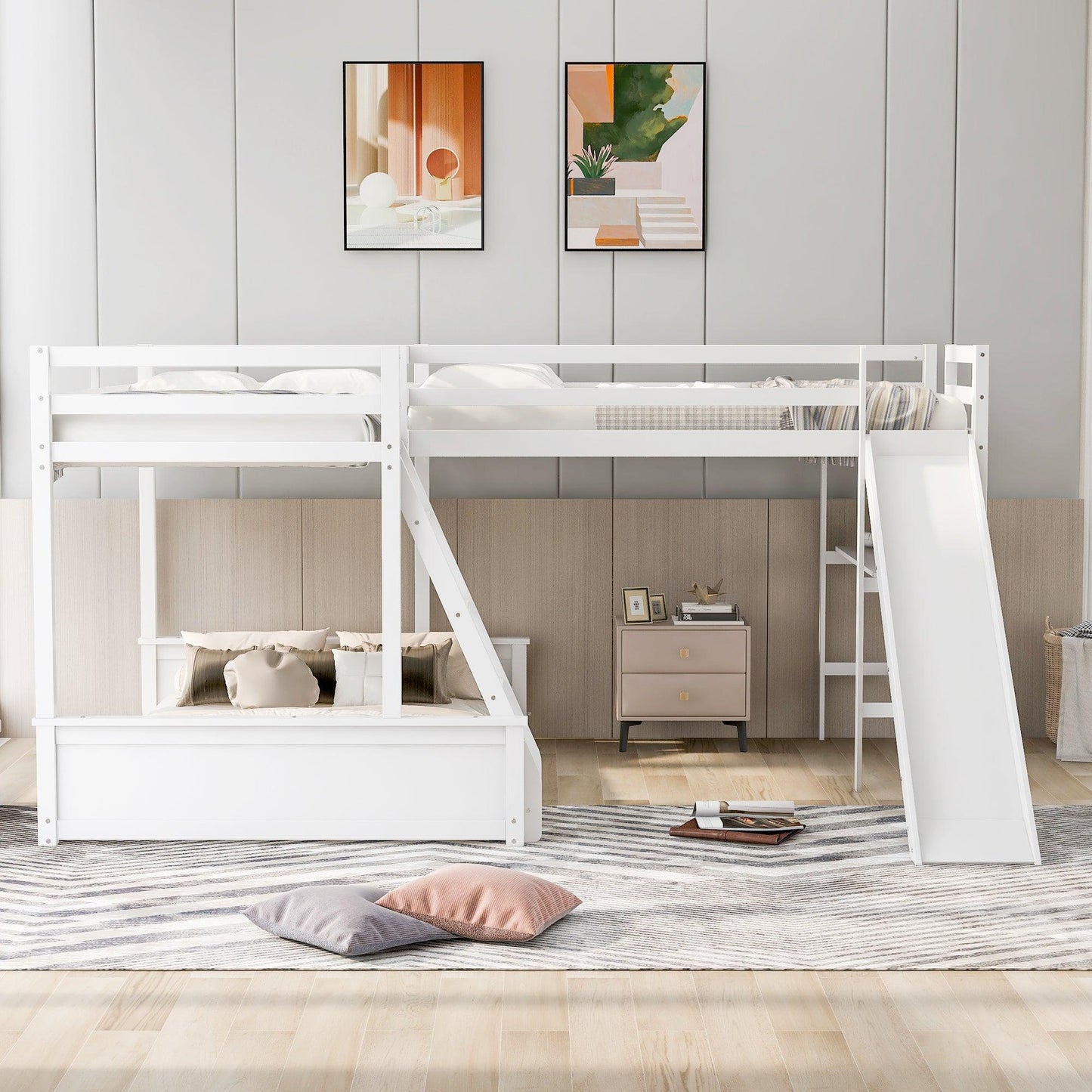 Twin over Full Bunk Bed with Twin Size Loft Bed with Desk and Slide White FredCo