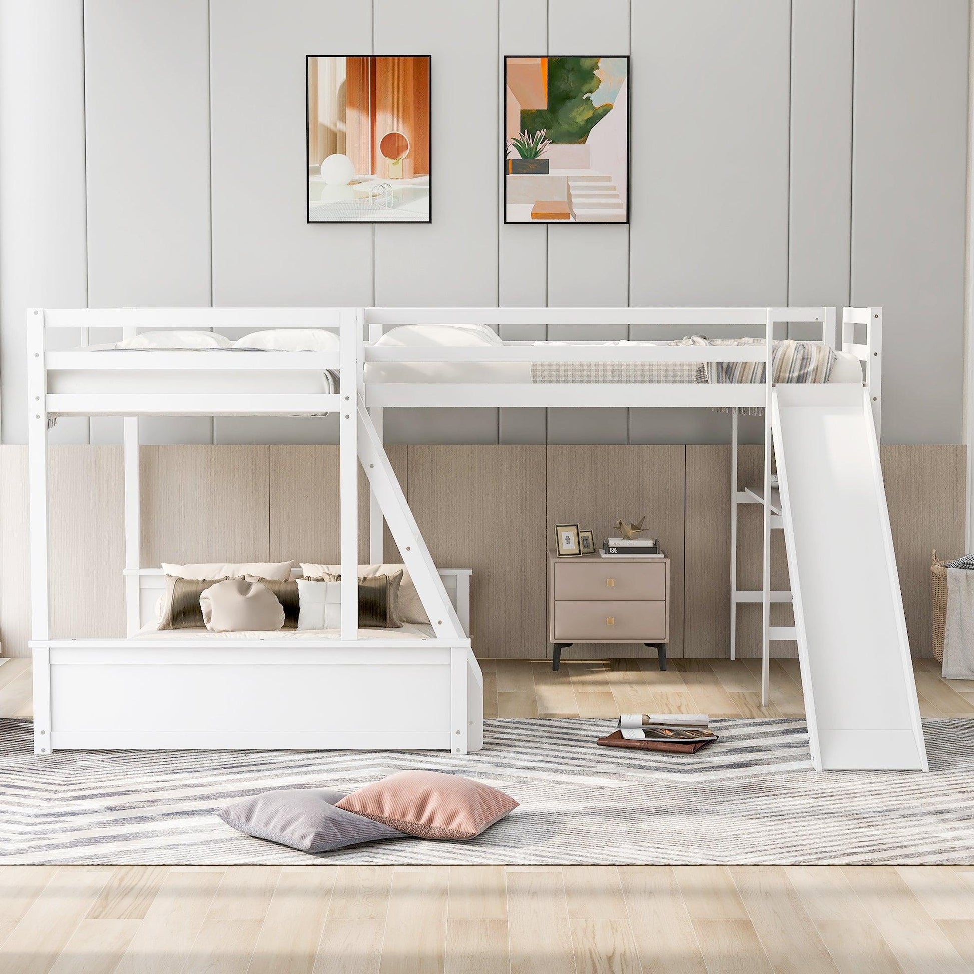 Twin over Full Bunk Bed with Twin Size Loft Bed with Desk and Slide White FredCo