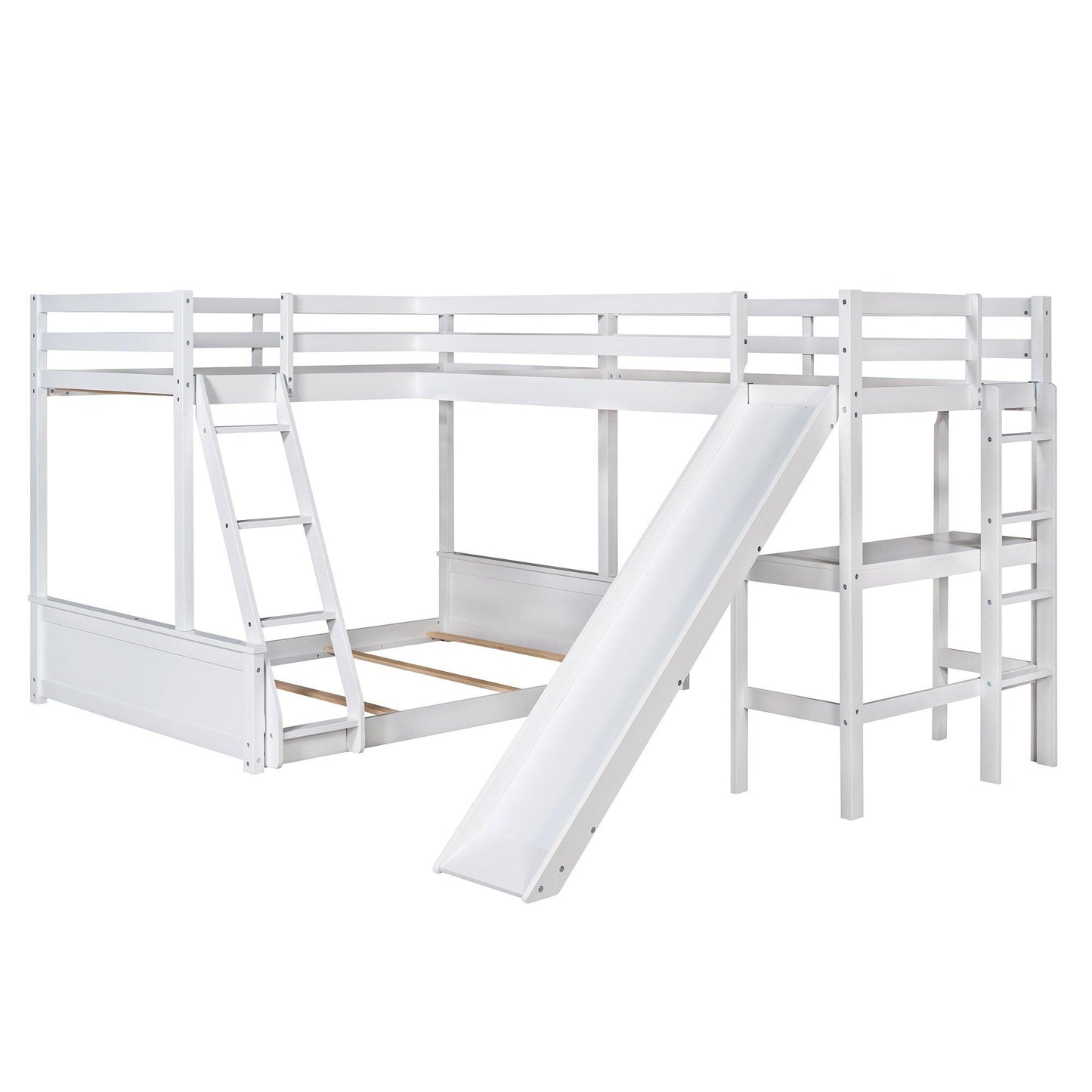 Twin over Full Bunk Bed with Twin Size Loft Bed with Desk and Slide White FredCo