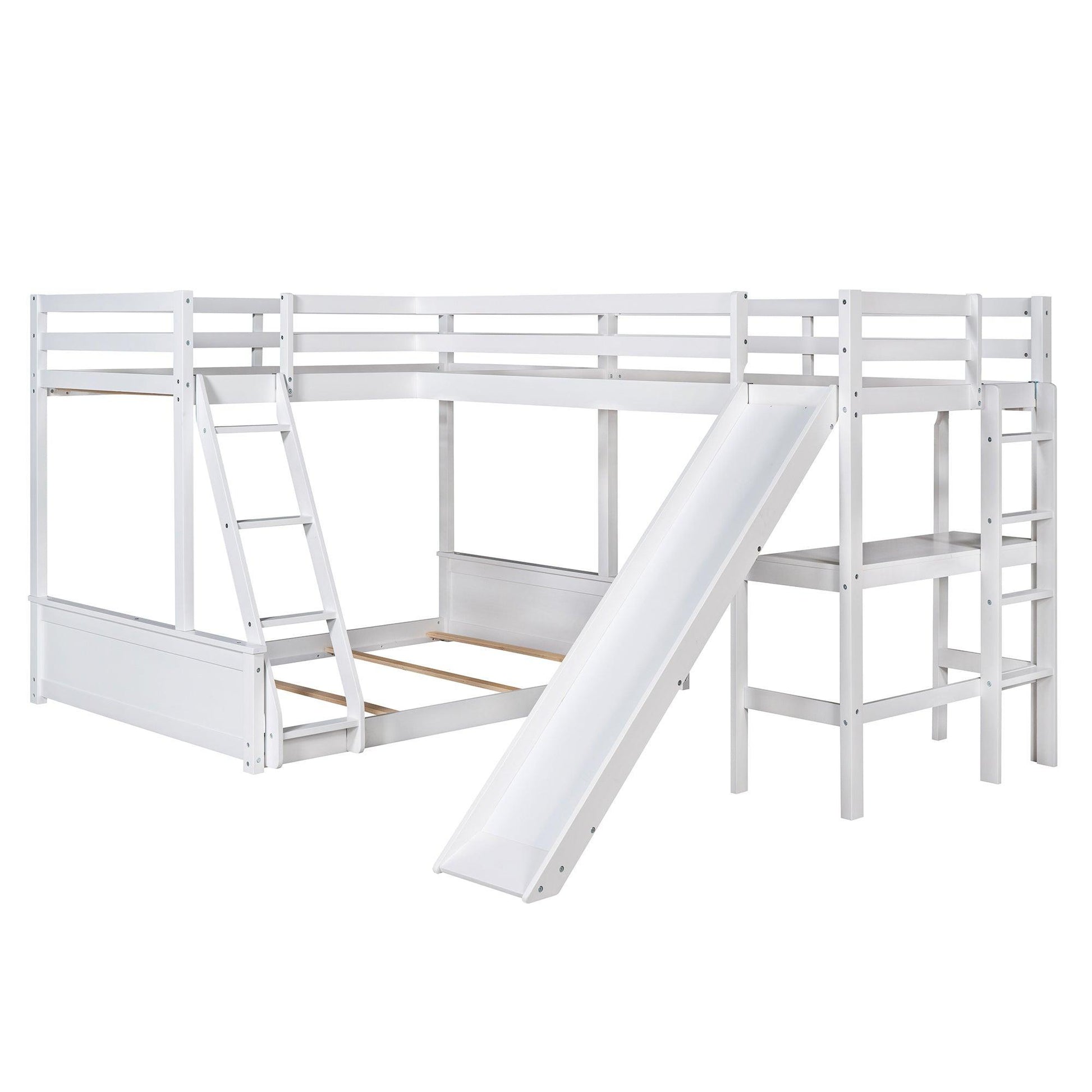 Twin over Full Bunk Bed with Twin Size Loft Bed with Desk and Slide White FredCo
