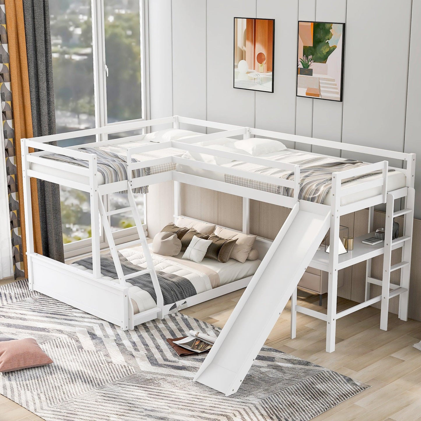 Twin over Full Bunk Bed with Twin Size Loft Bed with Desk and Slide White FredCo