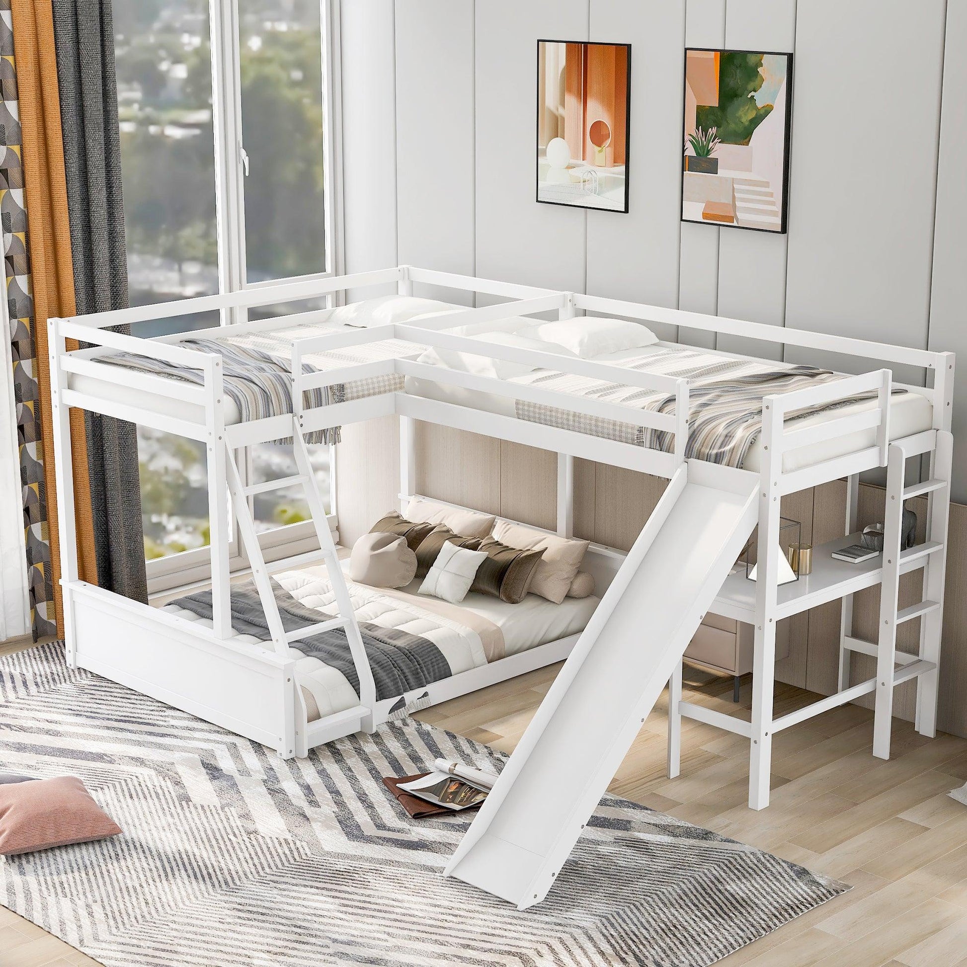 Twin over Full Bunk Bed with Twin Size Loft Bed with Desk and Slide White FredCo