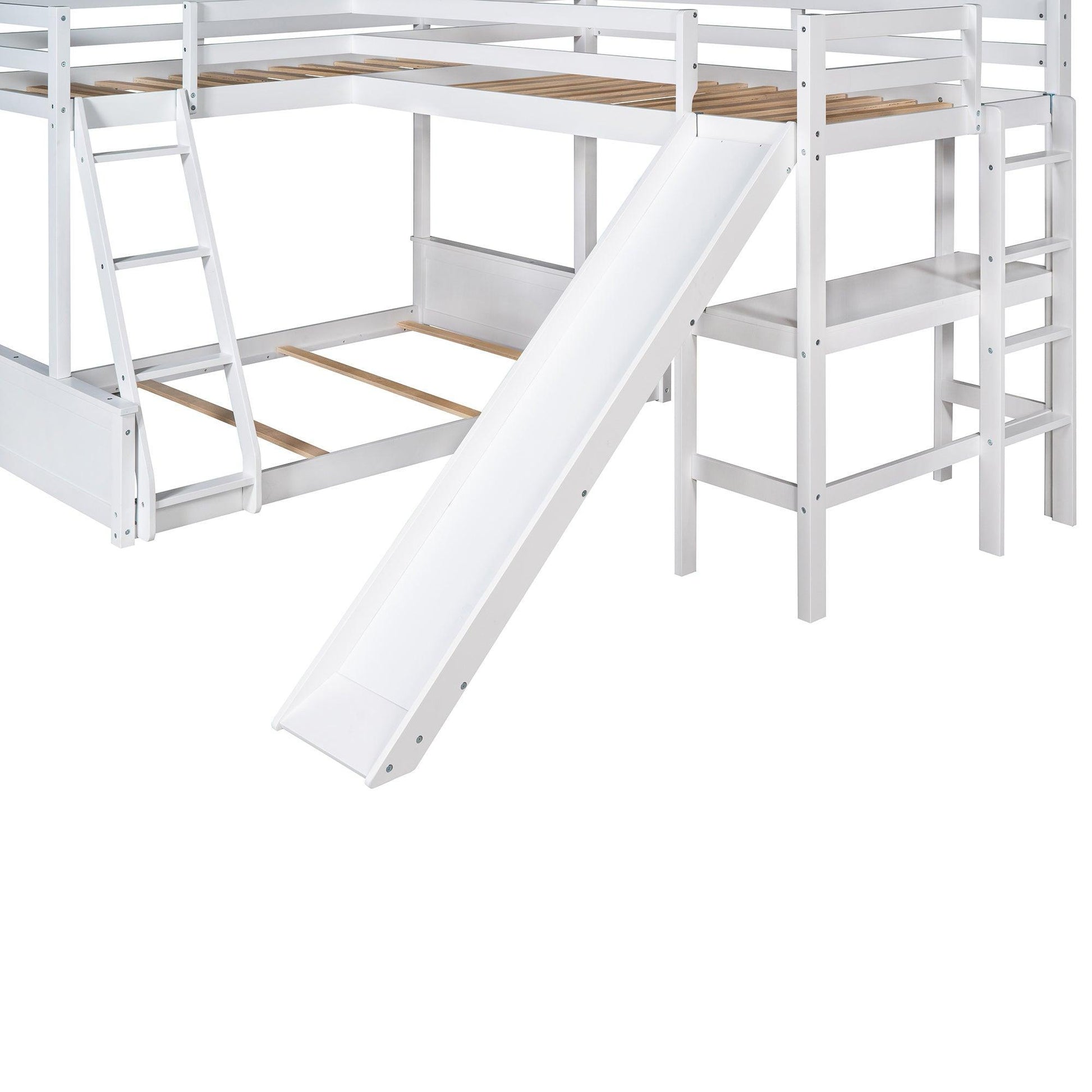 Twin over Full Bunk Bed with Twin Size Loft Bed with Desk and Slide White FredCo