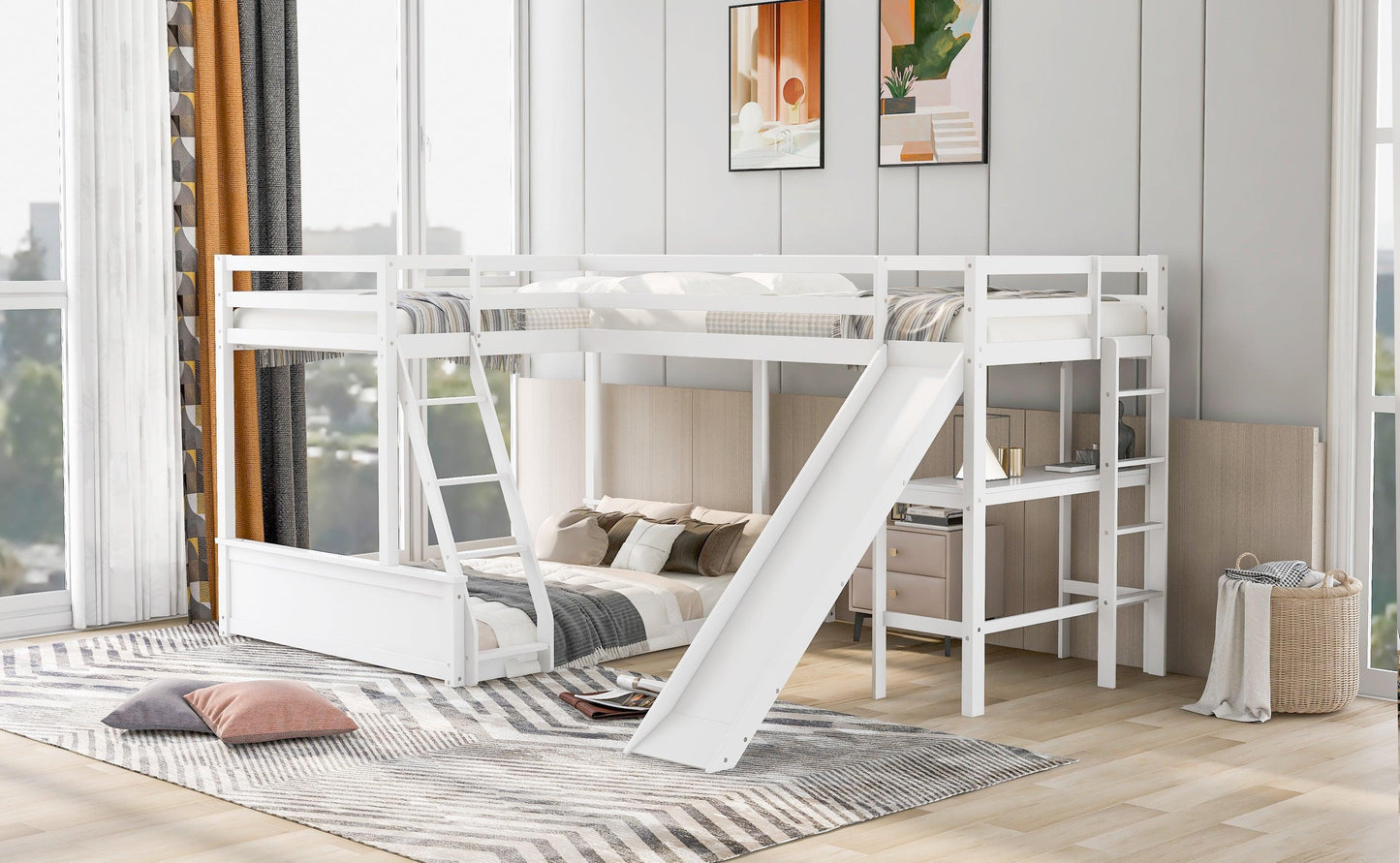 Twin over Full Bunk Bed with Twin Size Loft Bed with Desk and Slide White FredCo