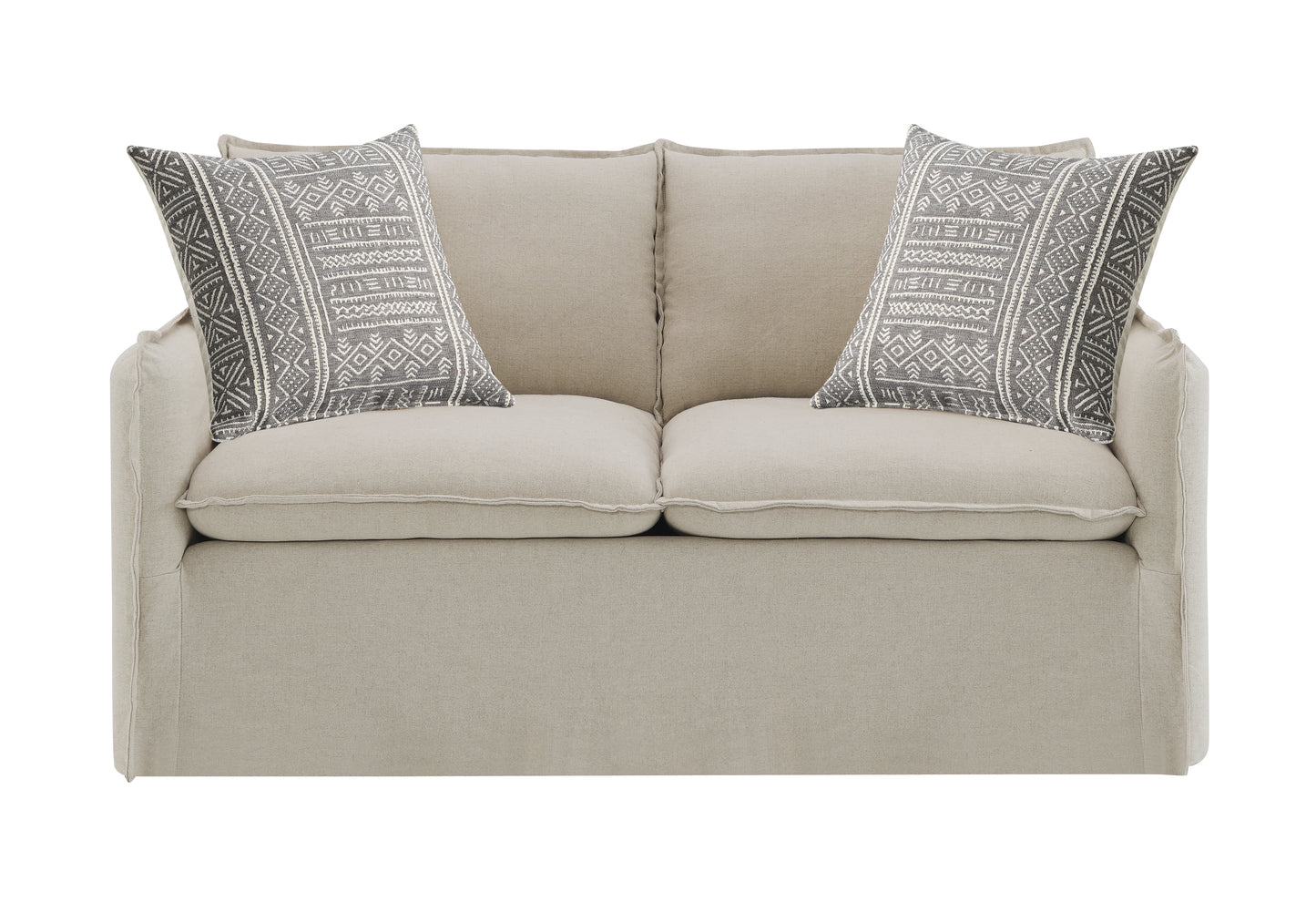 Upendo Pattern Fabric, Beige Yakety Yak Sand & Beige Linen Loveseat w/2 Toss Pillows FredCo