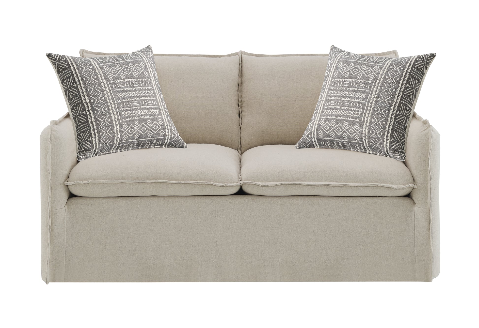 Upendo Pattern Fabric, Beige Yakety Yak Sand & Beige Linen Loveseat w/2 Toss Pillows FredCo