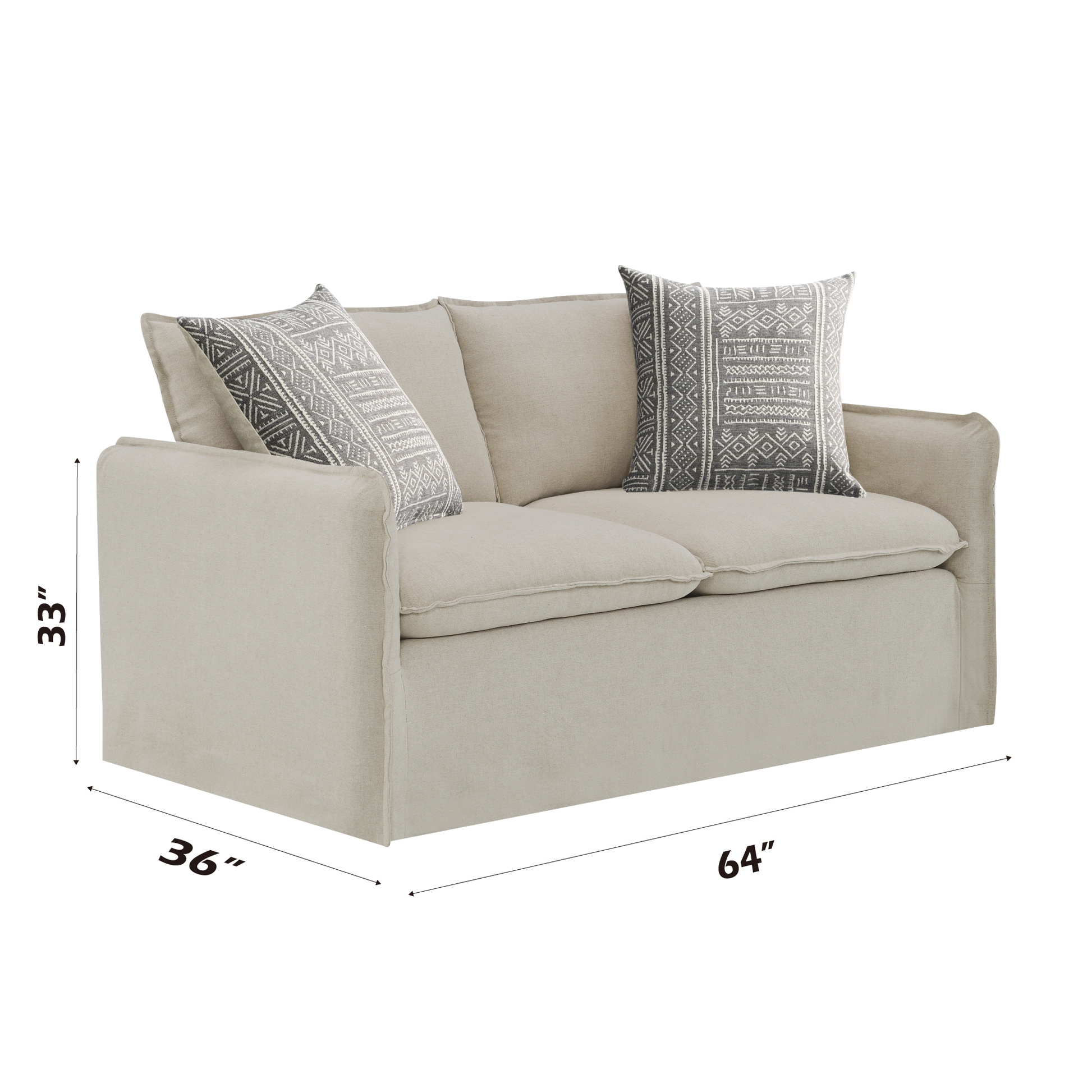 Upendo Pattern Fabric, Beige Yakety Yak Sand & Beige Linen Loveseat w/2 Toss Pillows FredCo