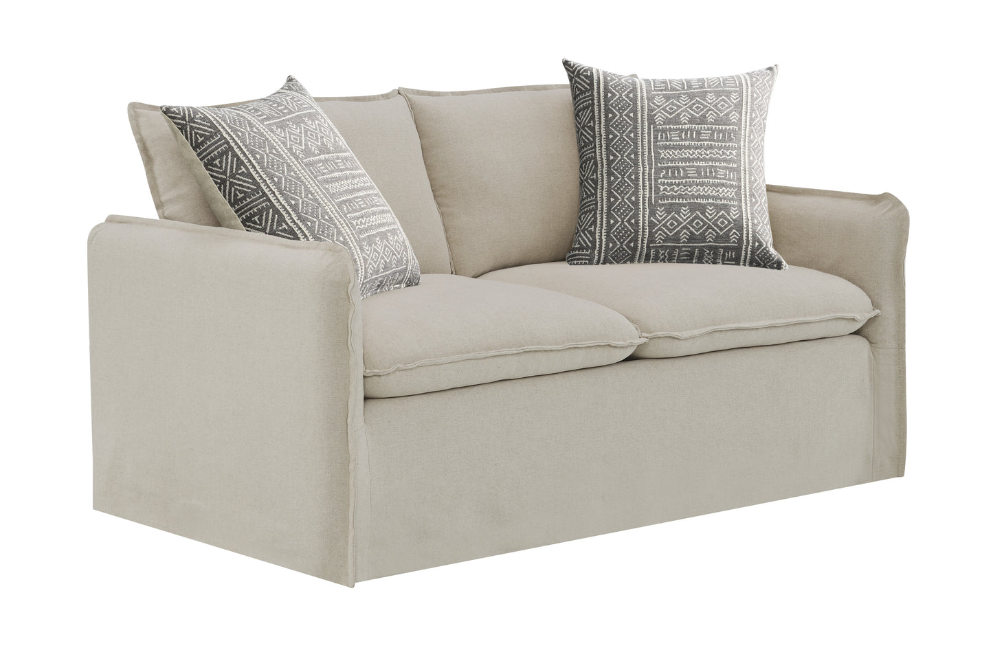 Upendo Pattern Fabric, Beige Yakety Yak Sand & Beige Linen Sofa w/2 Toss Pillows FredCo