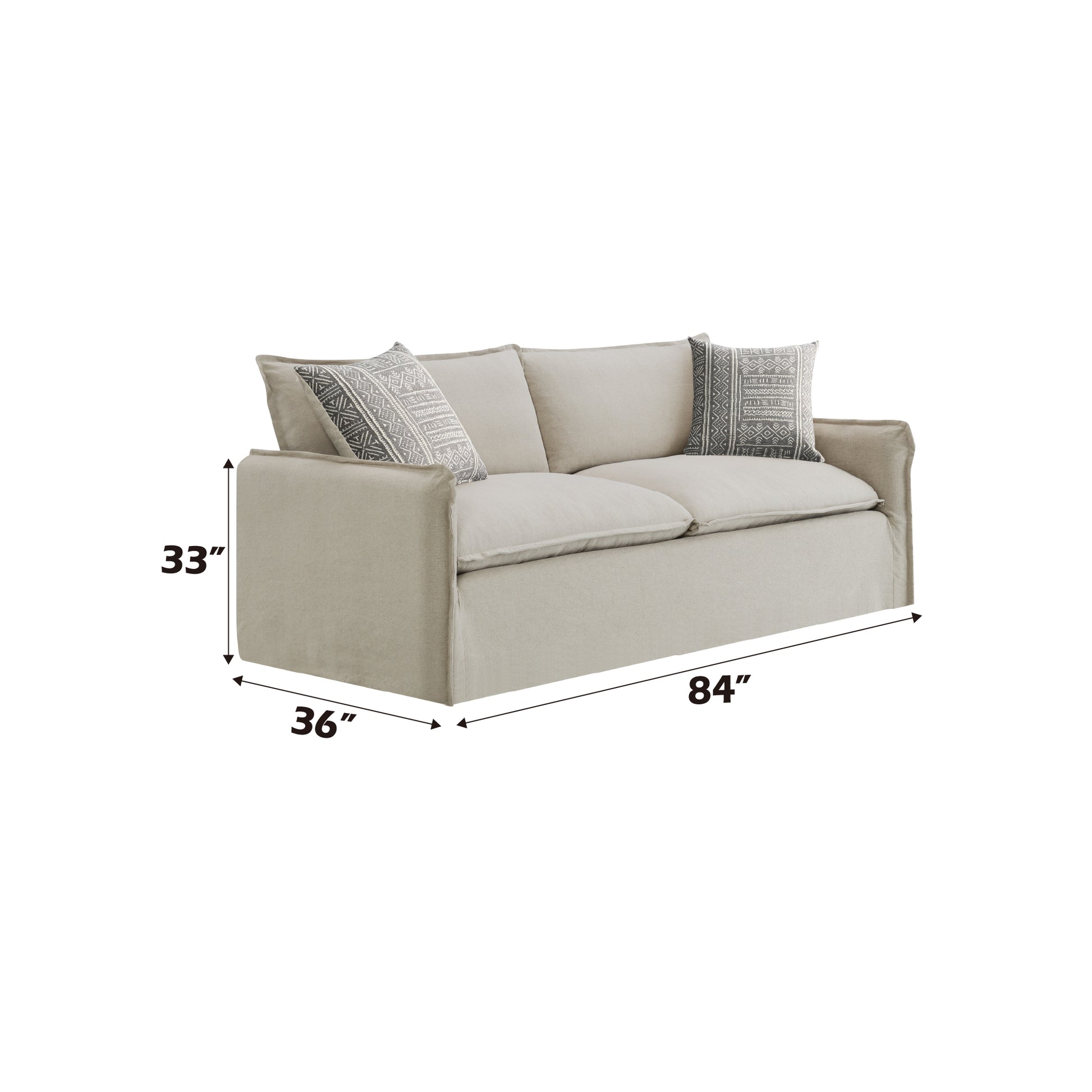 Upendo Pattern Fabric, Beige Yakety Yak Sand & Beige Linen Sofa w/2 Toss Pillows FredCo