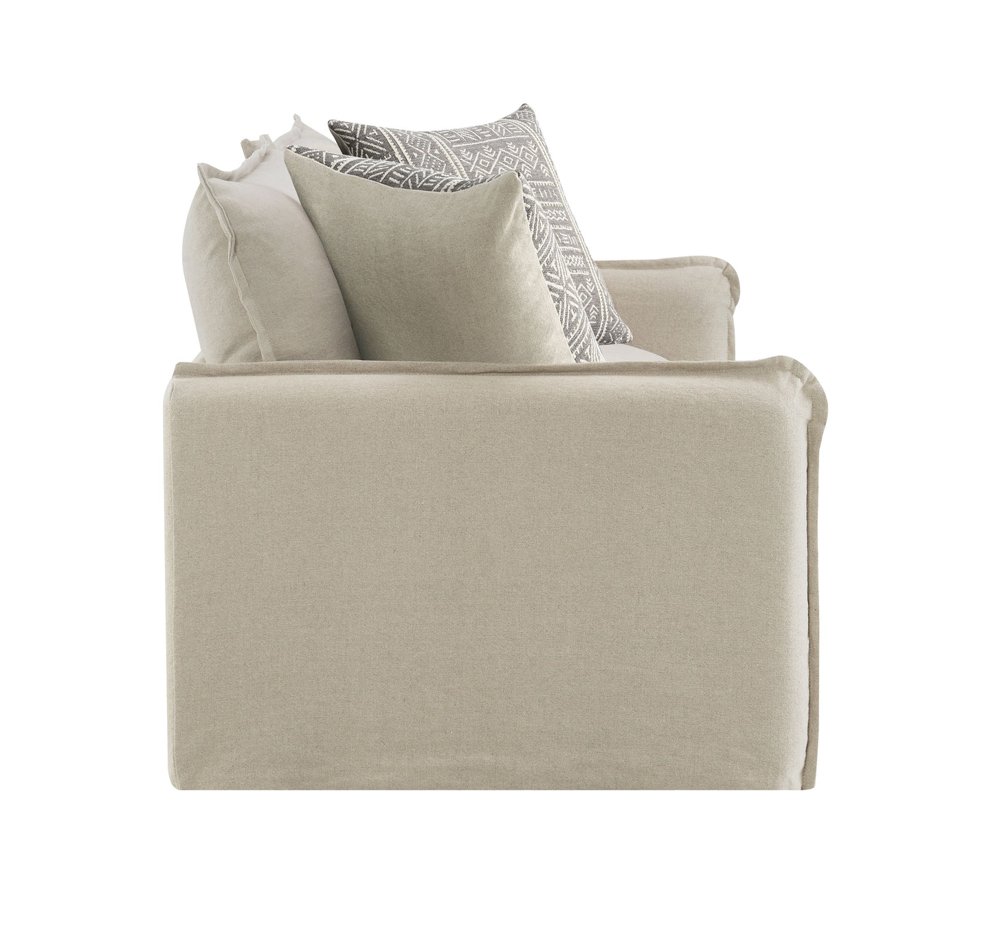 Upendo Pattern Fabric, Beige Yakety Yak Sand & Beige Linen Sofa w/2 Toss Pillows FredCo