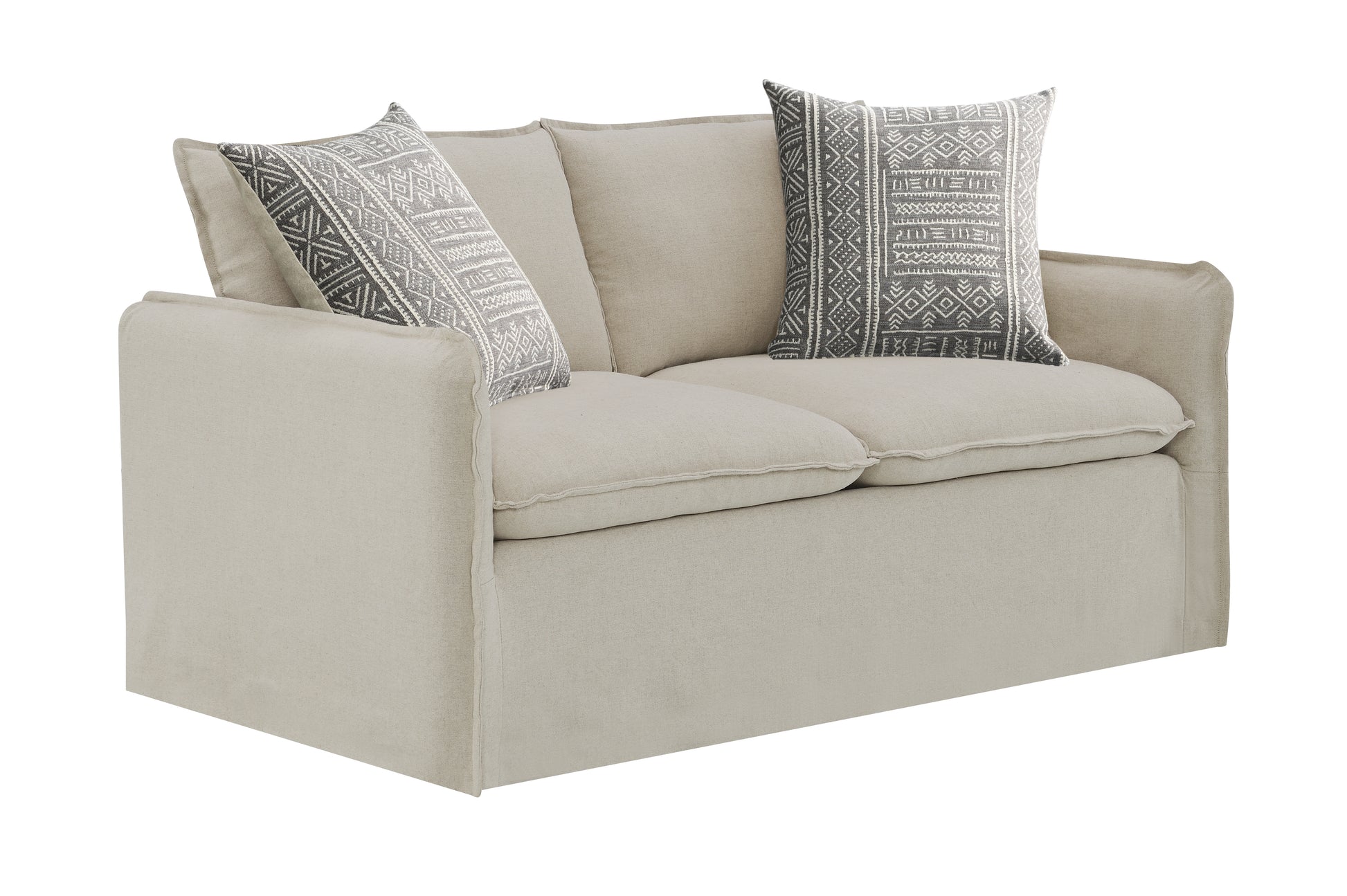 Upendo Pattern Fabric, Beige Yakety Yak Sand & Beige Linen Sofa w/2 Toss Pillows FredCo