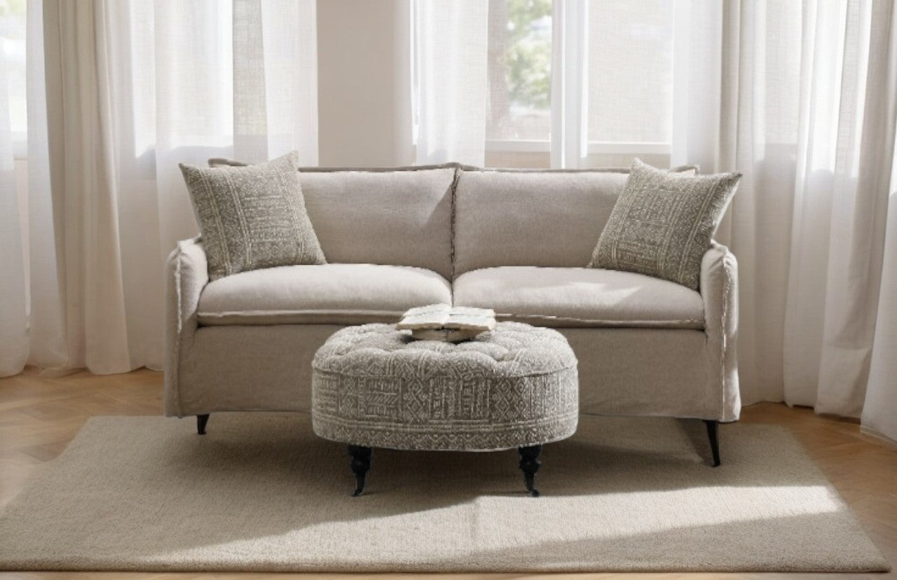 Upendo Pattern Fabric, Beige Yakety Yak Sand & Beige Linen Sofa w/2 Toss Pillows FredCo