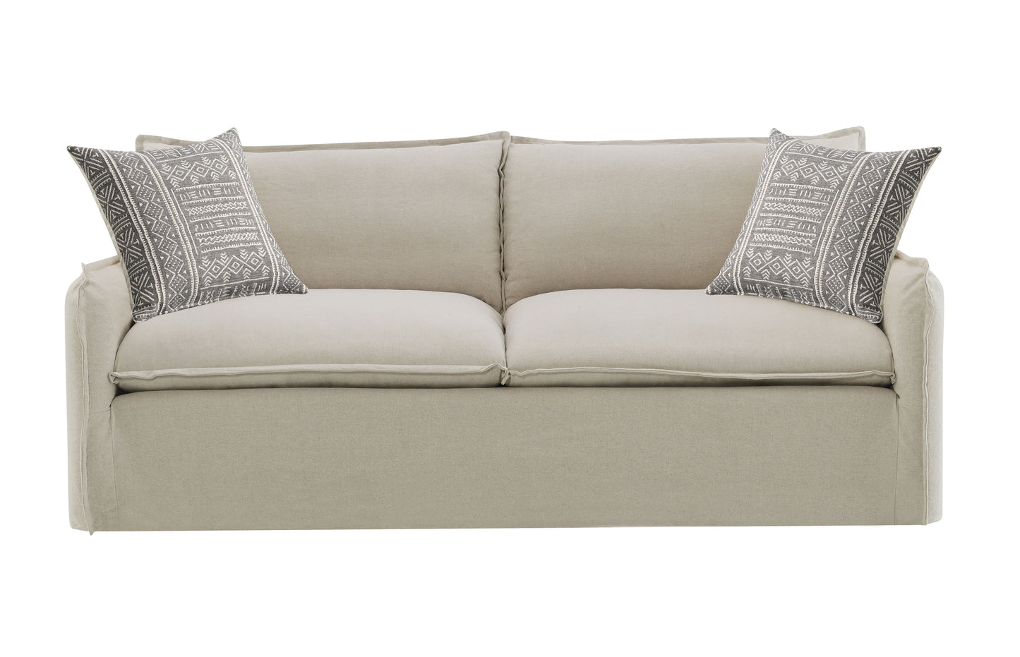 Upendo Pattern Fabric, Beige Yakety Yak Sand & Beige Linen Sofa w/2 Toss Pillows FredCo
