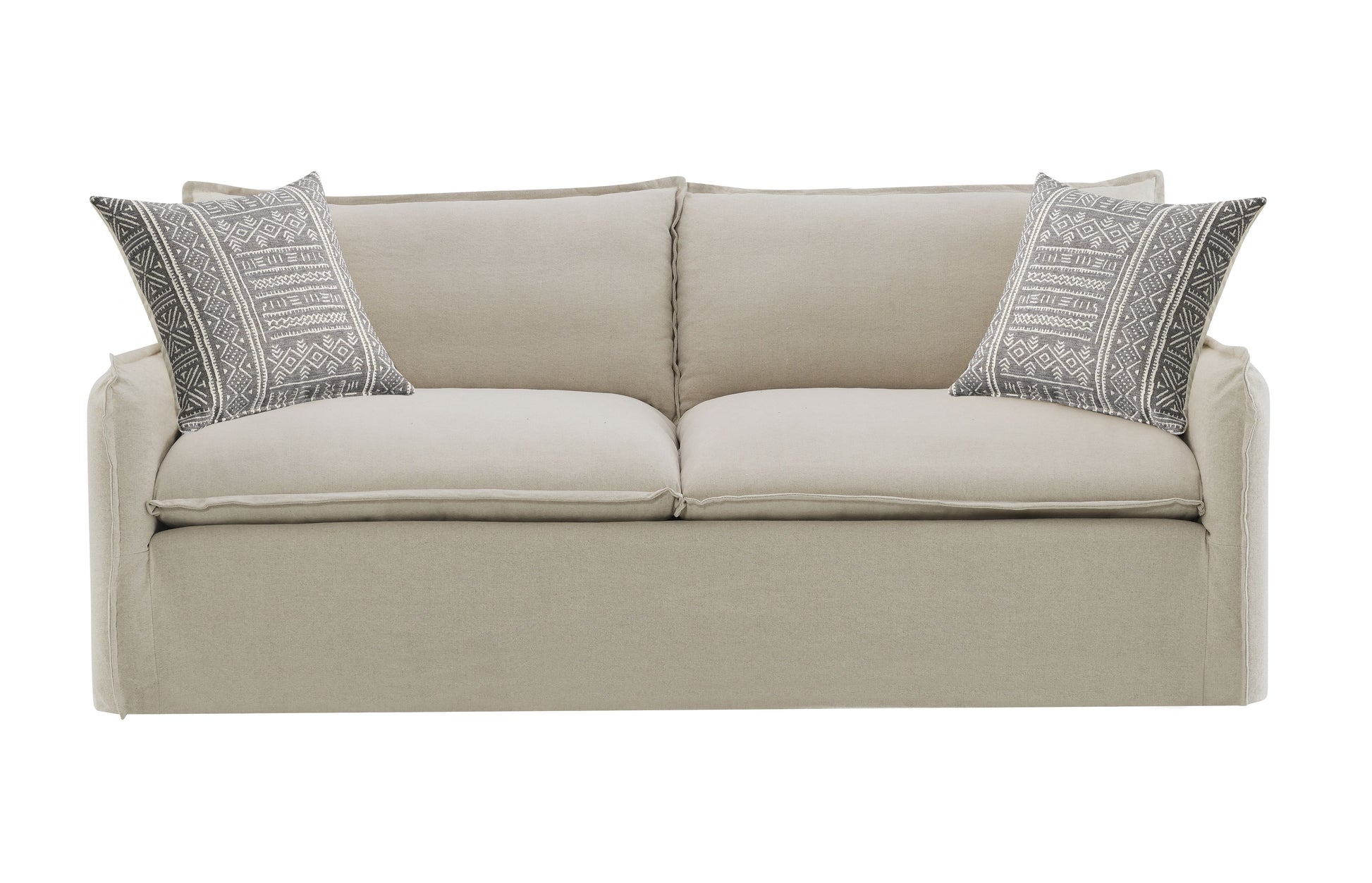 Upendo Pattern Fabric, Beige Yakety Yak Sand & Beige Linen Sofa w/2 Toss Pillows FredCo