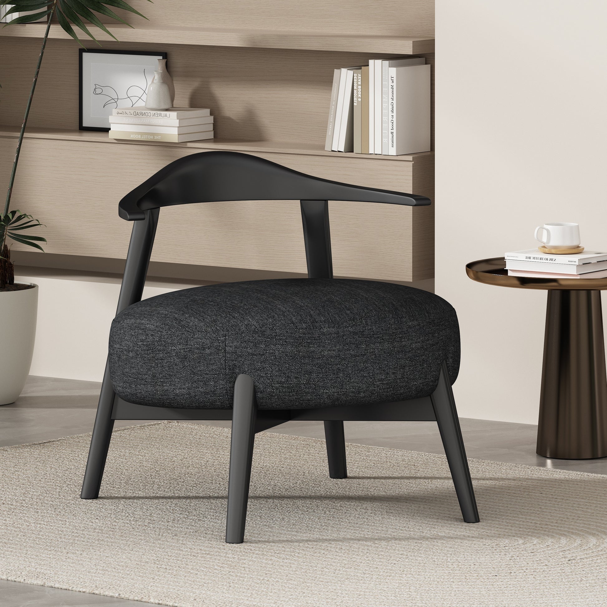 Modern black accent chair with fabric seat in stylish living room, FredCo International furniture