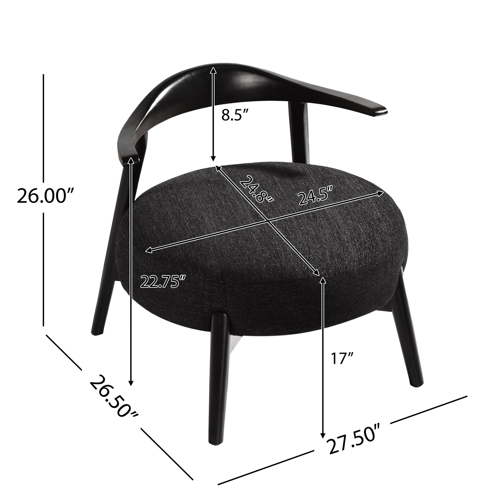 Modern black accent chair with armrest, upholstered seat, and measurement dimensions shown