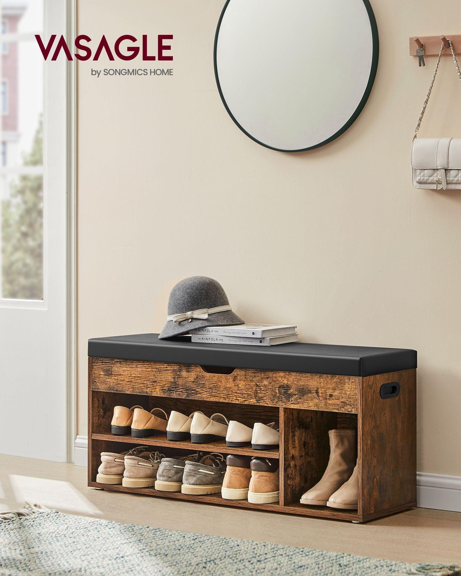 VASAGLE Storage Bench with Cushion, Shoe Bench with Padded Seat, 3 Compartments FredCo