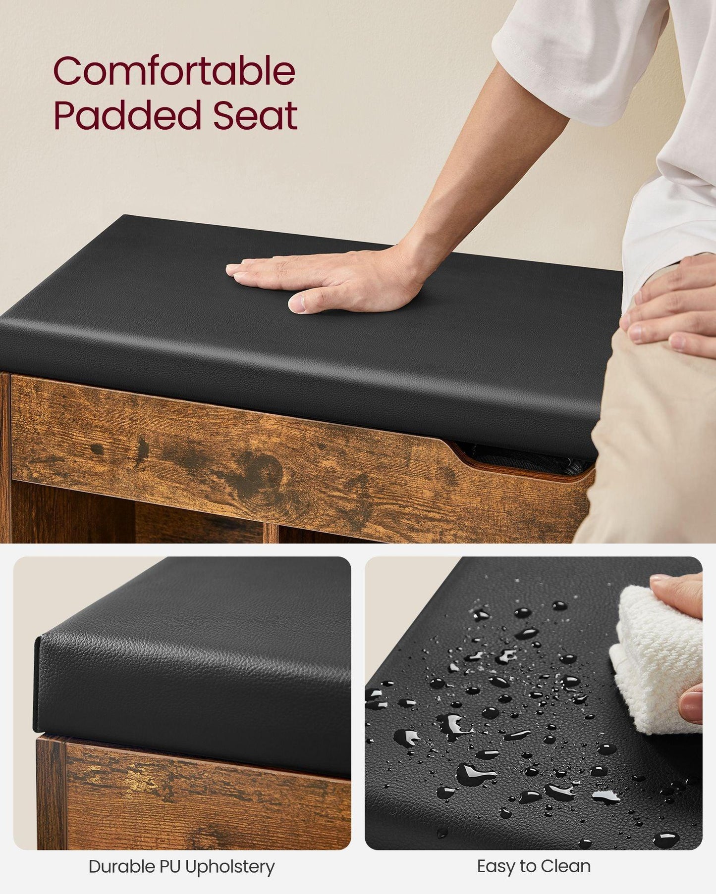 VASAGLE Storage Bench with Cushion, Shoe Bench with Padded Seat, 3 Compartments FredCo
