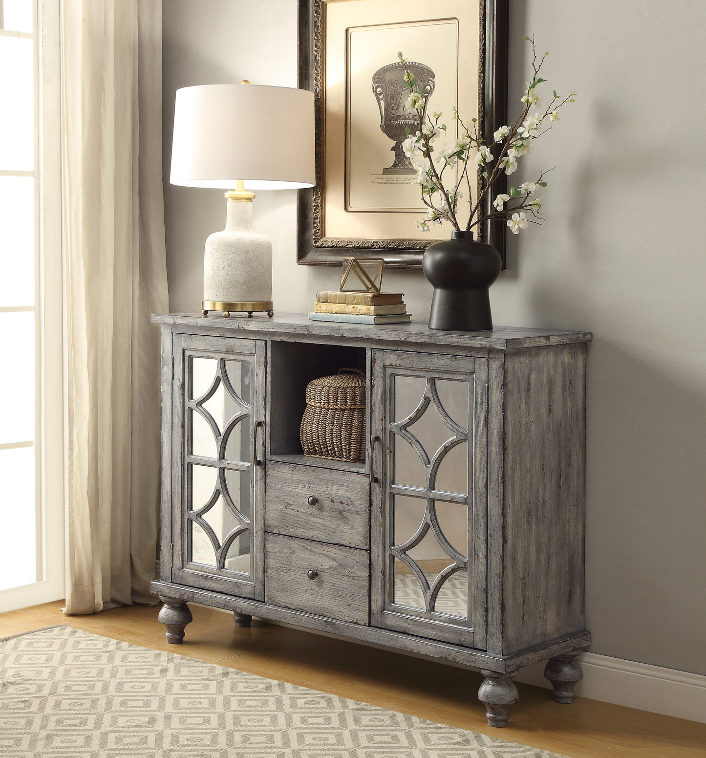 Velika Weathered Gray Finish Console Table w/ 1 Open Compartment Storage FredCo