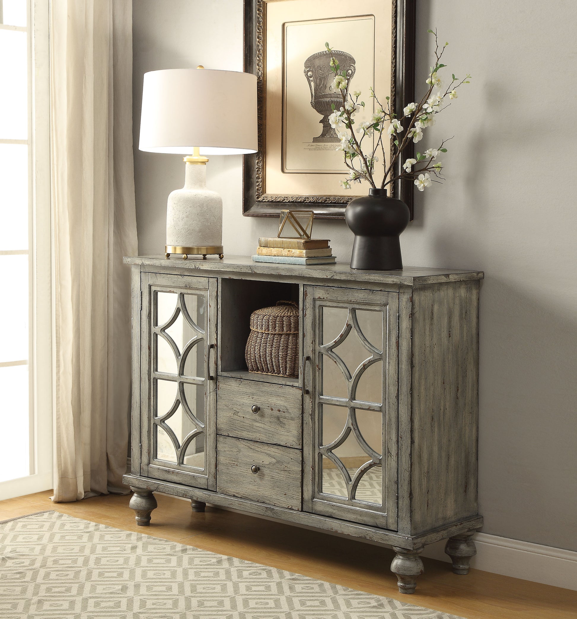 Velika Weathered Gray Finish Console Table w/ 1 Open Compartment Storage FredCo