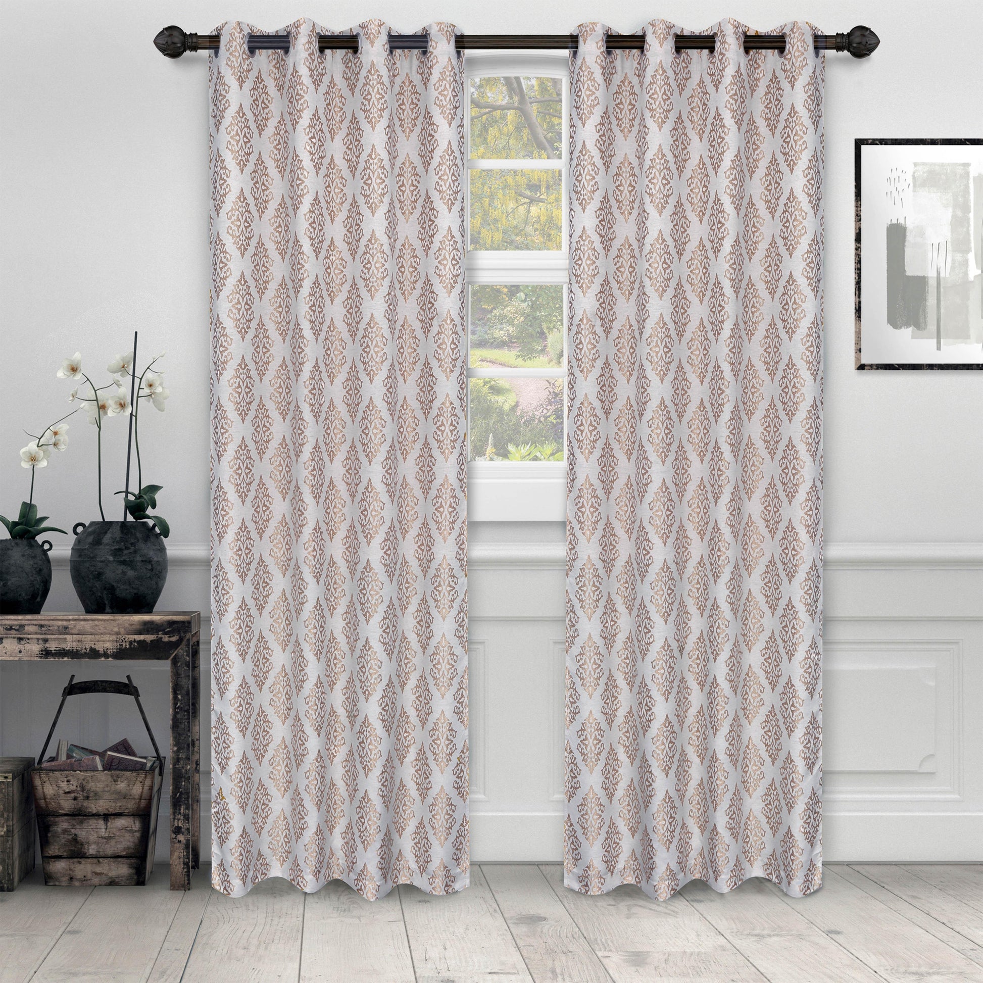 Venetian Damask Floral Jacquard Vintage Grommet Curtain Panel Set FredCo