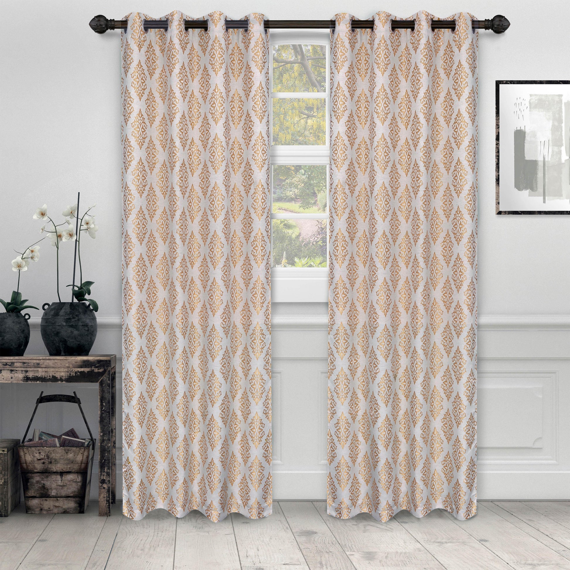 Venetian Damask Floral Jacquard Vintage Grommet Curtain Panel Set FredCo