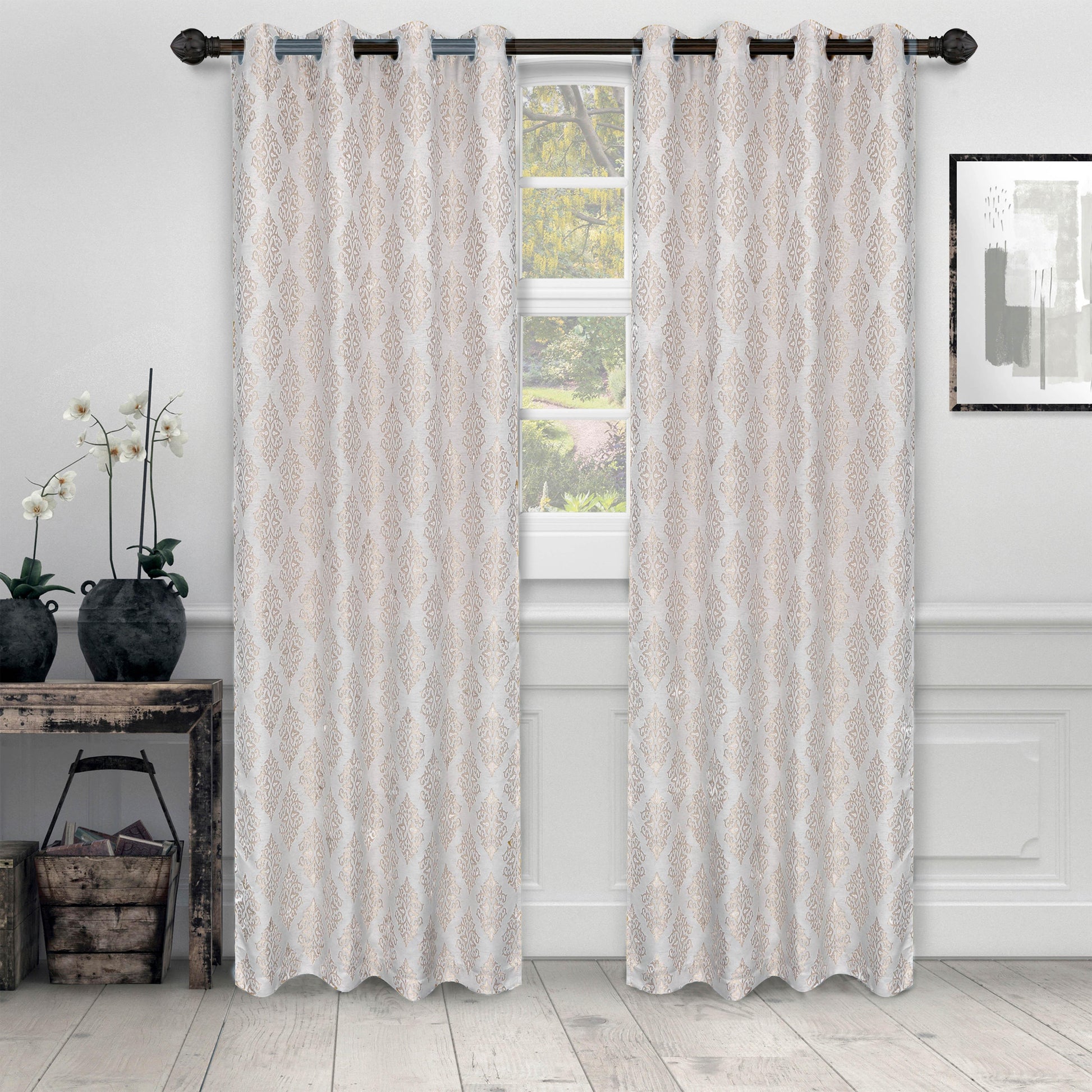 Venetian Damask Floral Jacquard Vintage Grommet Curtain Panel Set FredCo
