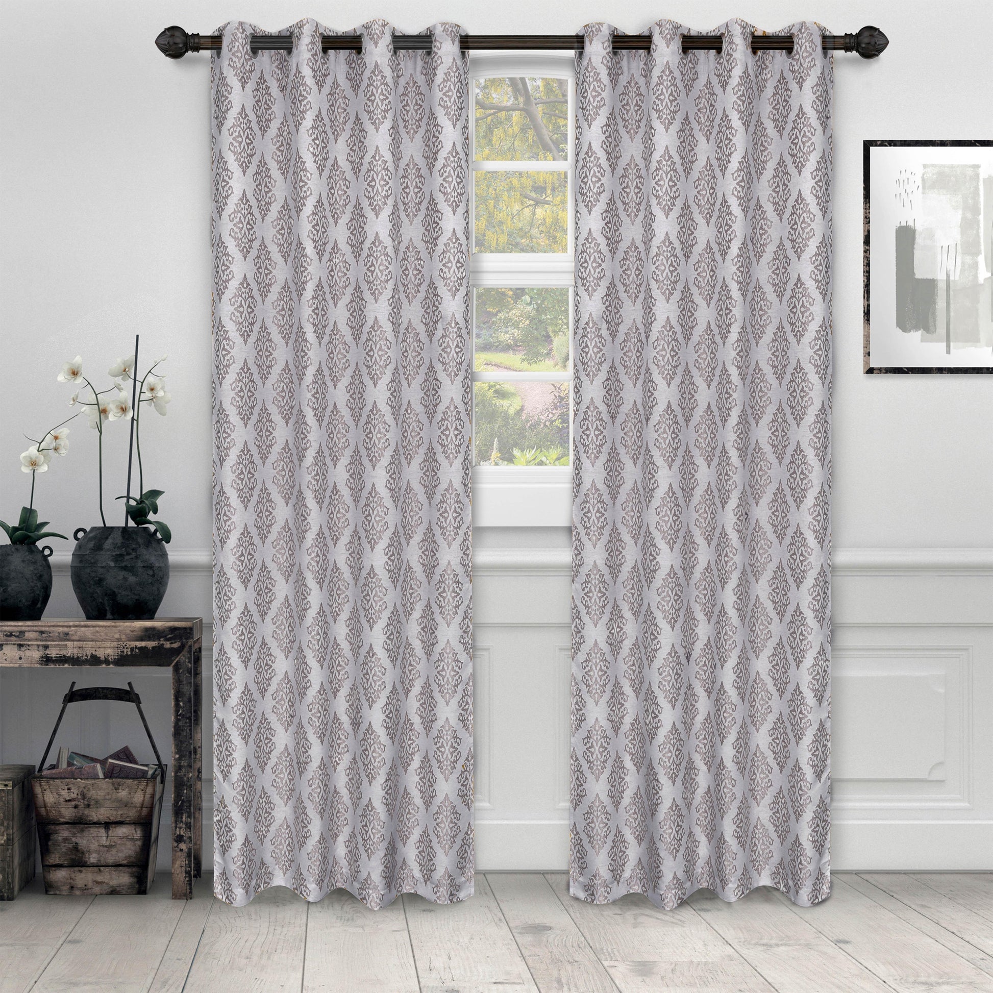 Venetian Damask Floral Jacquard Vintage Grommet Curtain Panel Set FredCo