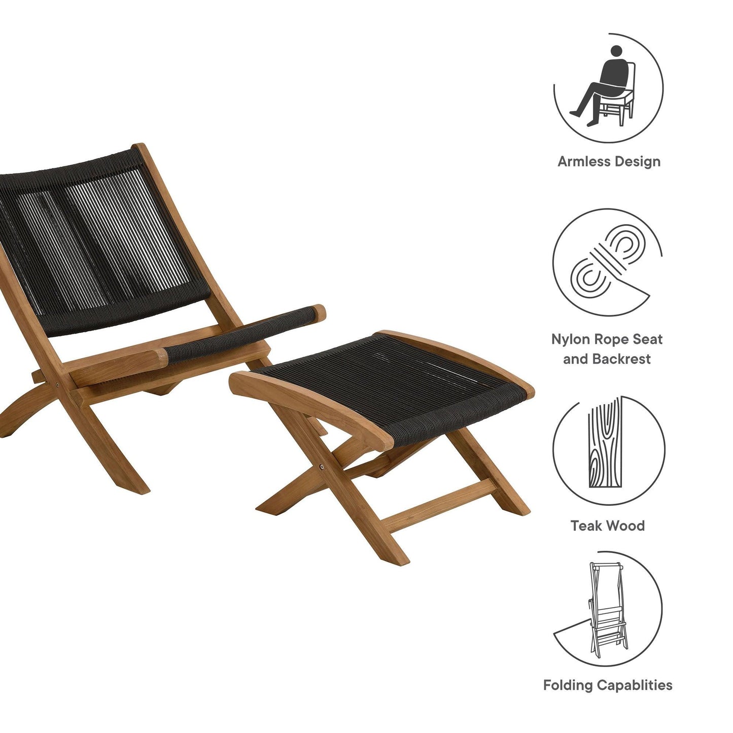 Vienna 2-Piece Outdoor Patio Teak and Rope Folding Accent Lounge Chair and Ottoman Set by Modway FredCo