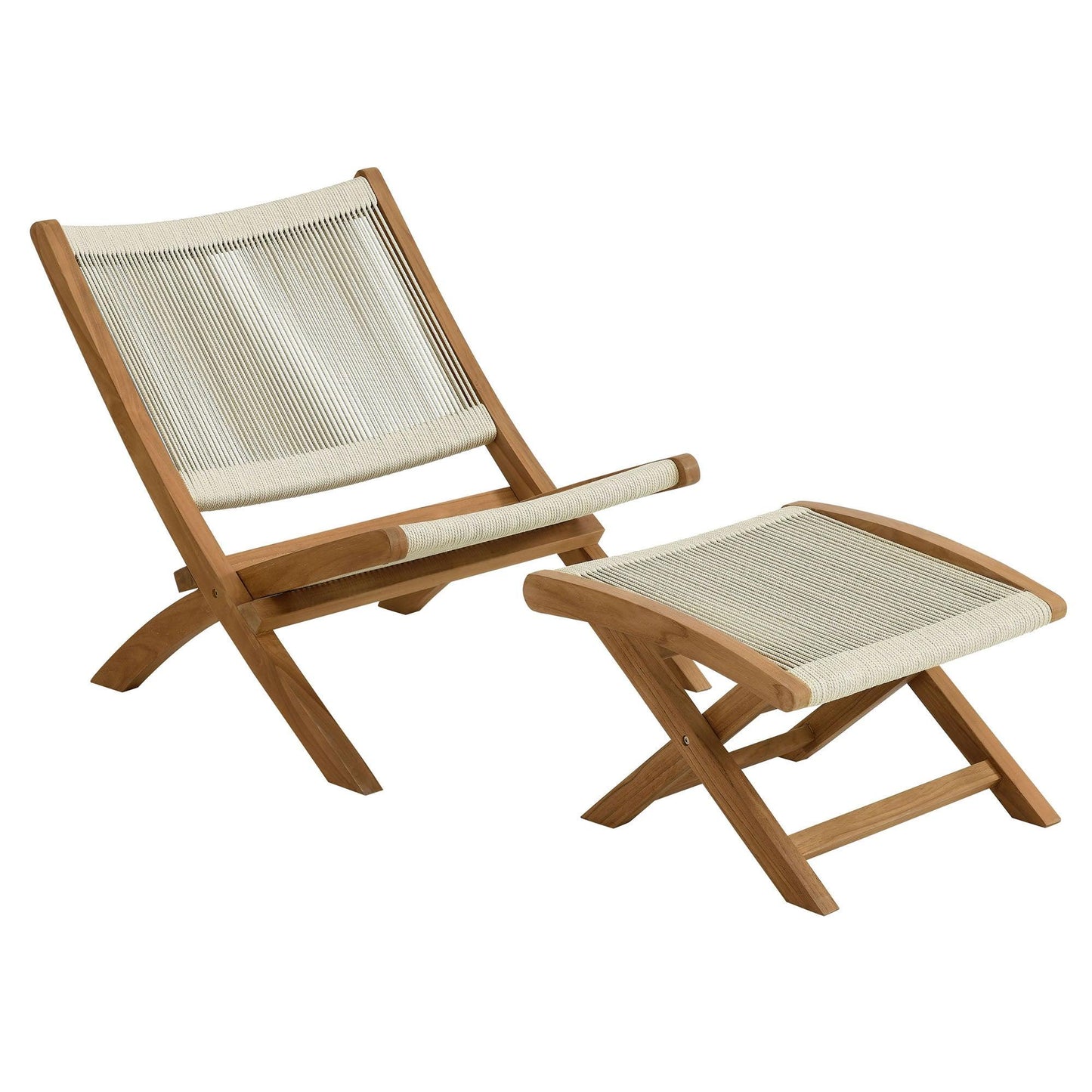 Vienna 2-Piece Outdoor Patio Teak and Rope Folding Accent Lounge Chair and Ottoman Set by Modway FredCo