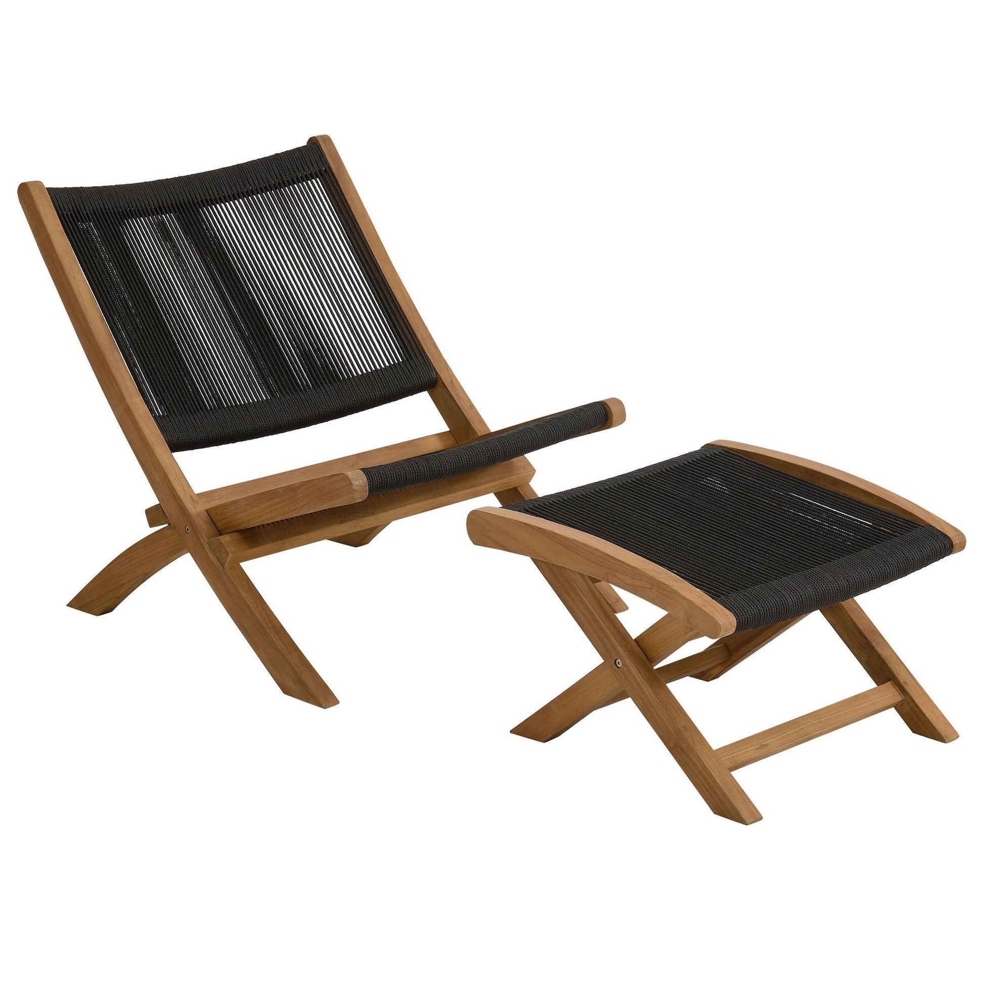 Vienna 2-Piece Outdoor Patio Teak and Rope Folding Accent Lounge Chair and Ottoman Set by Modway FredCo