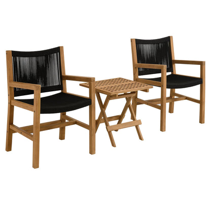 Vienna 3-Piece Outdoor Patio Teak and Rope Armchairs with Folding Side Table by Modway FredCo