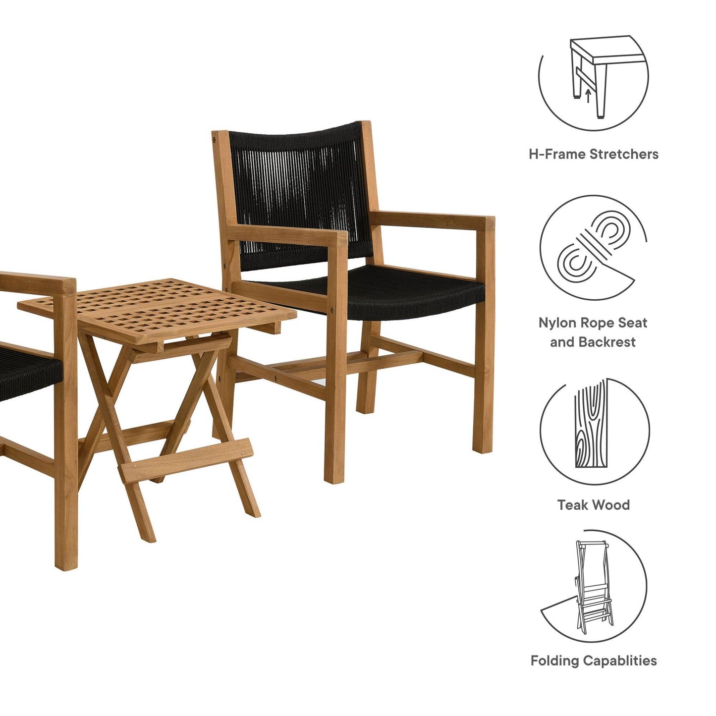 Vienna 3-Piece Outdoor Patio Teak and Rope Armchairs with Folding Side Table by Modway FredCo