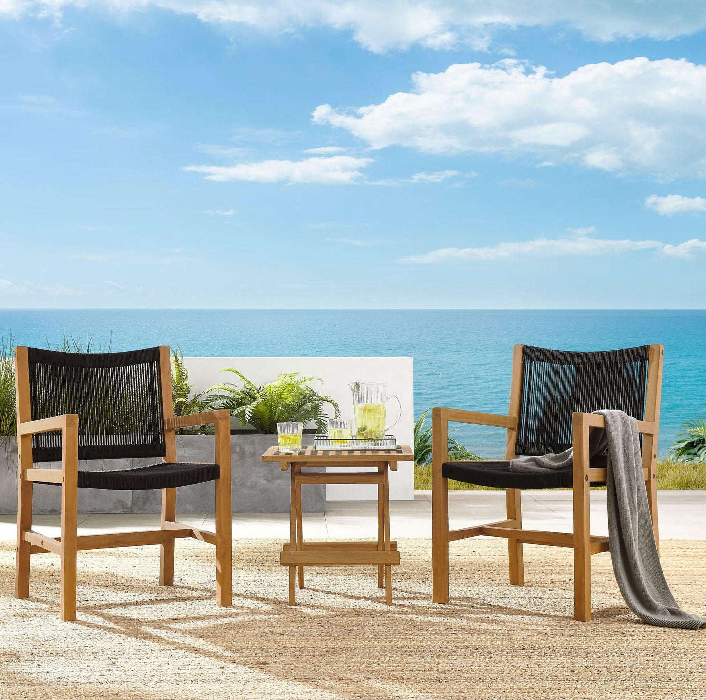 Vienna 3-Piece Outdoor Patio Teak and Rope Armchairs with Folding Side Table by Modway FredCo