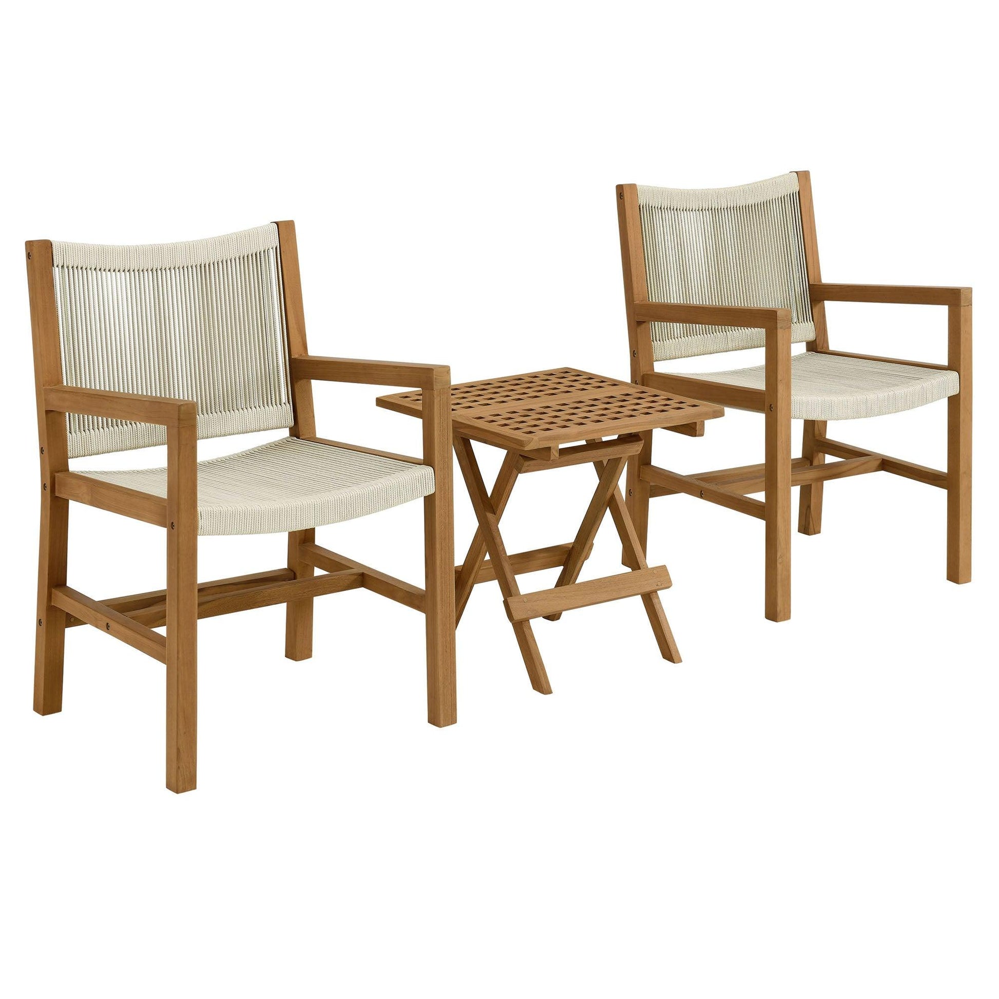 Vienna 3-Piece Outdoor Patio Teak and Rope Armchairs with Folding Side Table by Modway FredCo