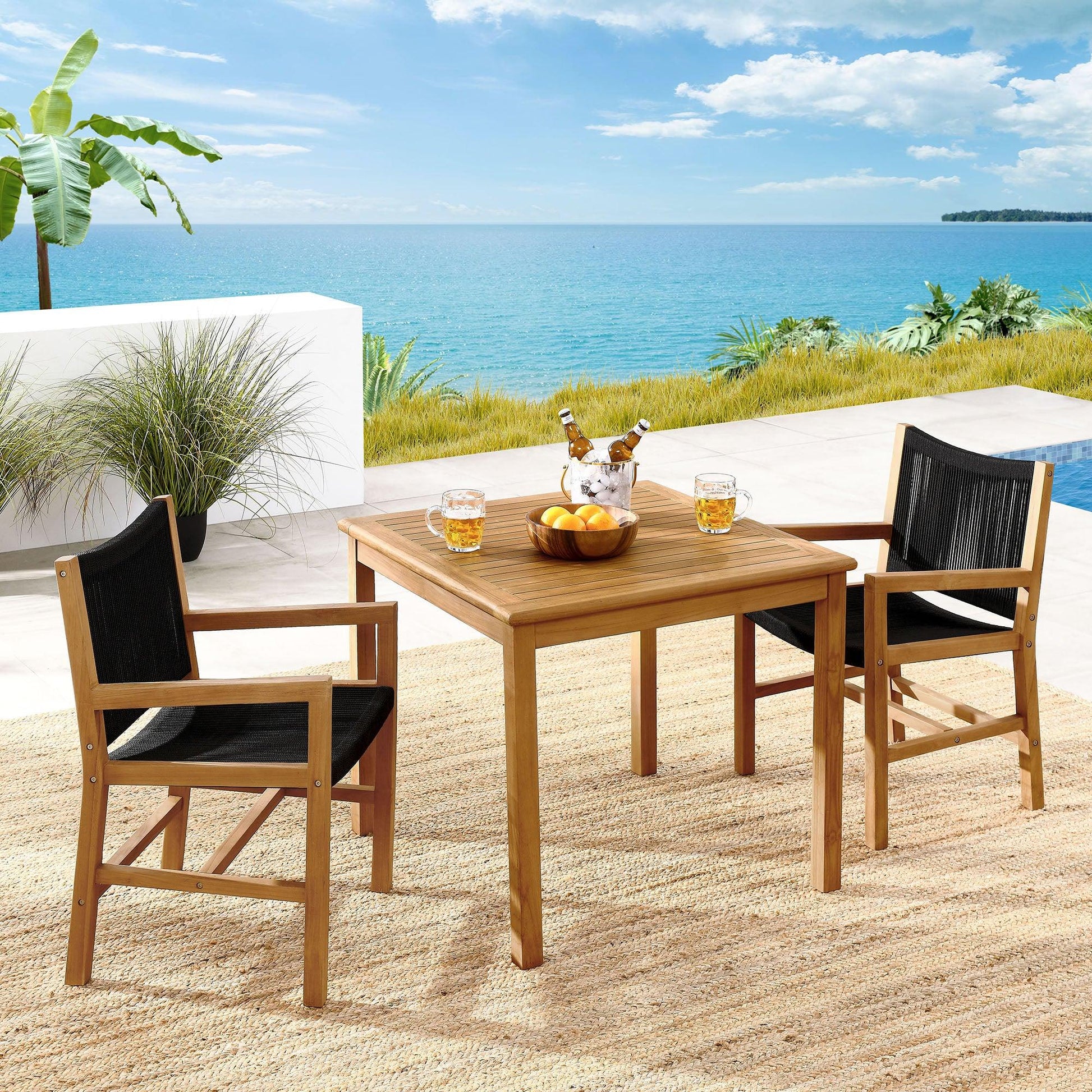 Vienna 3-Piece Outdoor Patio Teak and Rope Dining Set with Armchairs by Modway FredCo