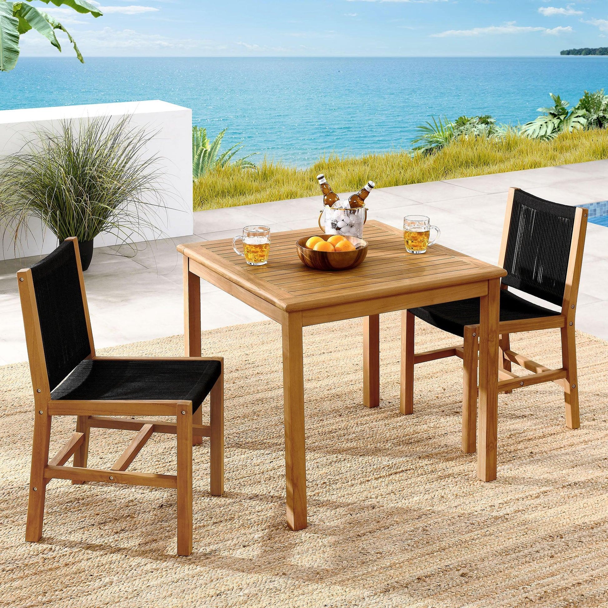 Vienna 3-Piece Outdoor Patio Teak and Rope Dining Set with Armless Chiars by Modway FredCo
