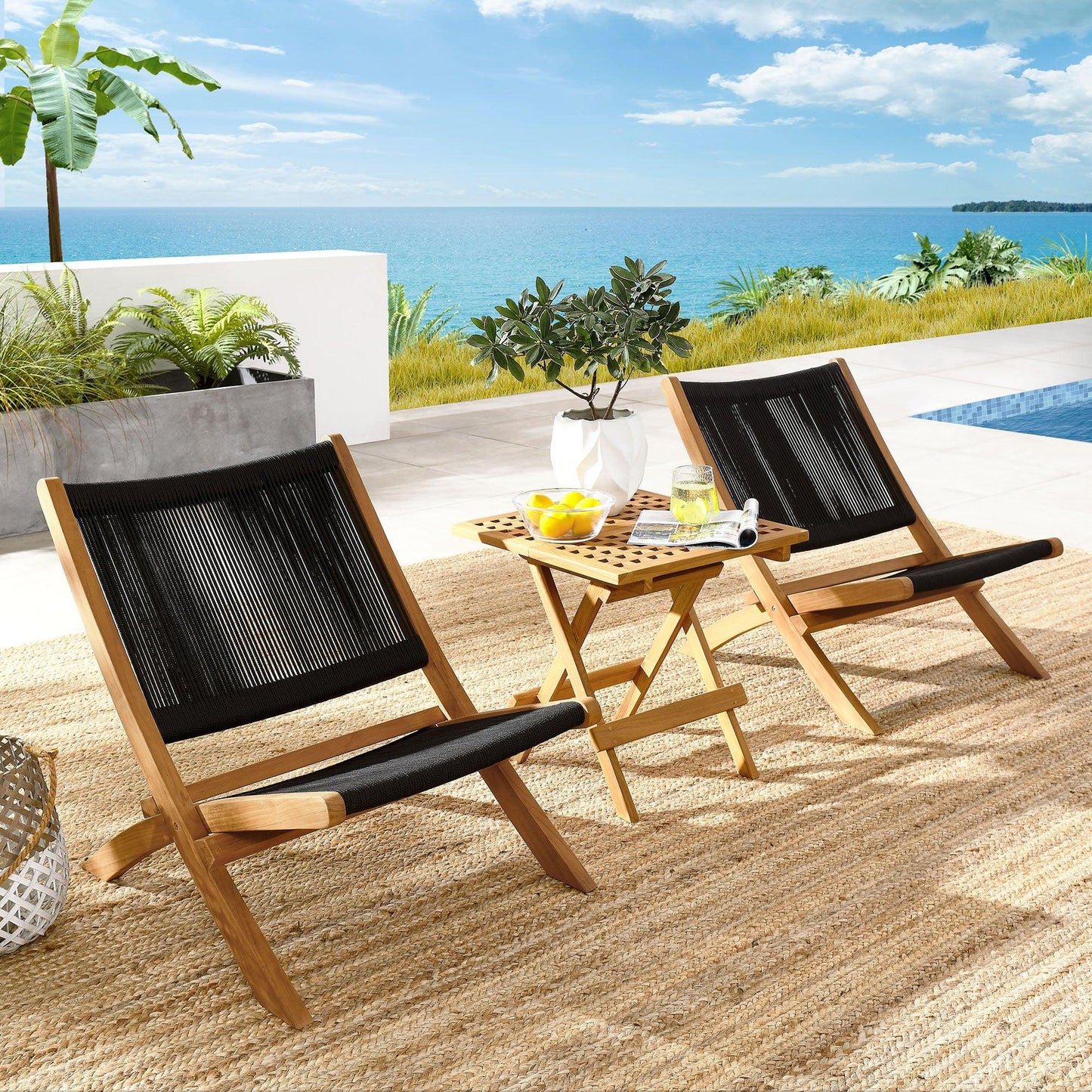 Vienna 3-Piece Outdoor Patio Teak and Rope Folding Lounge Chairs and Side Table by Modway FredCo